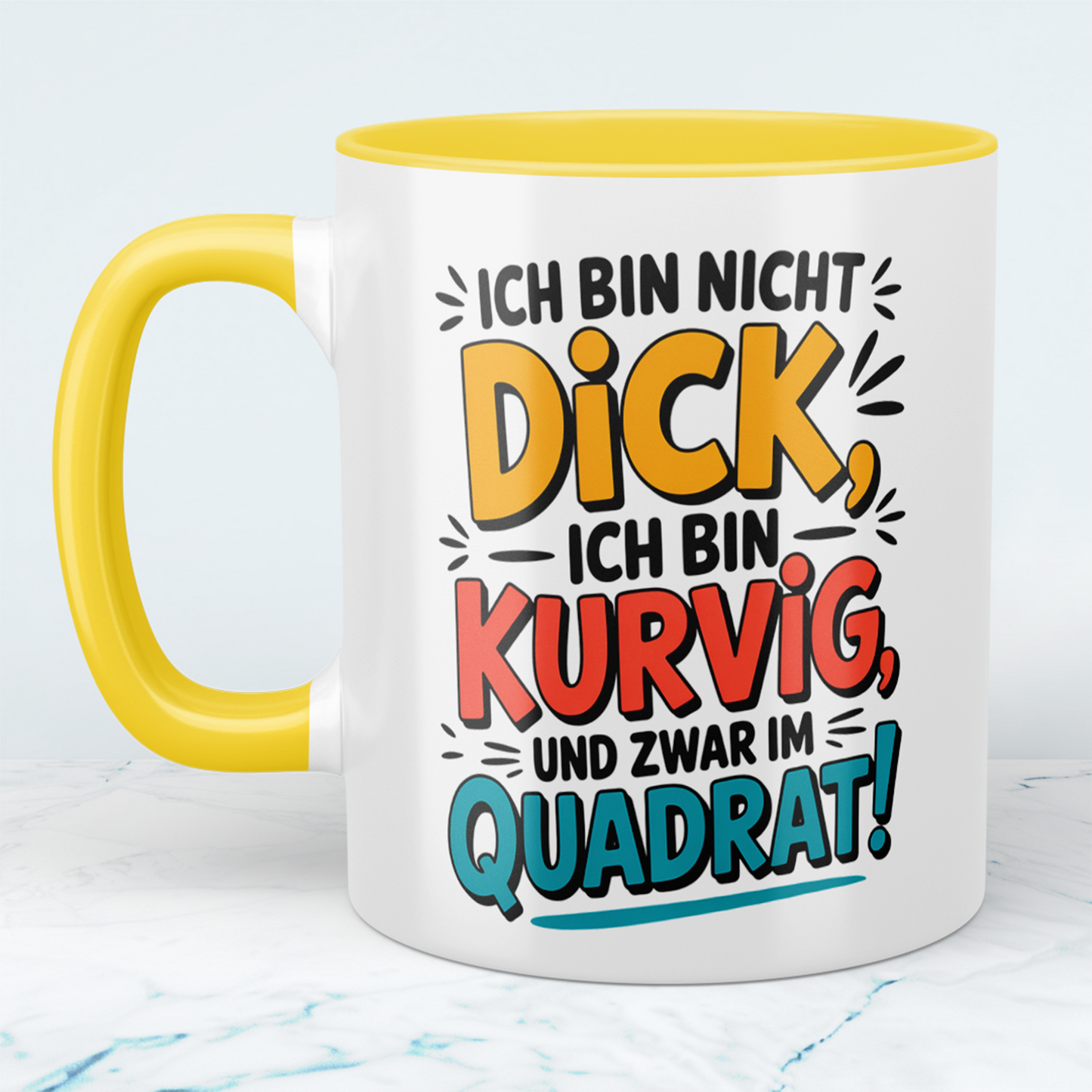 Ich bin nicht DICK, ich bin kurvig und zwar im QUADRAT! – Witzige Tasse für Kaffee-Liebhaber mit Humor und Stil!