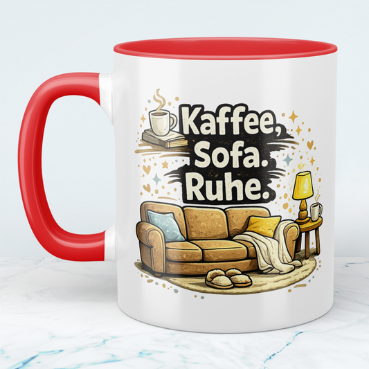 Lustige Kaffeetasse „Kaffee. Sofa. Ruhe.“ – Minimalistischer Spruch Becher Geschenk