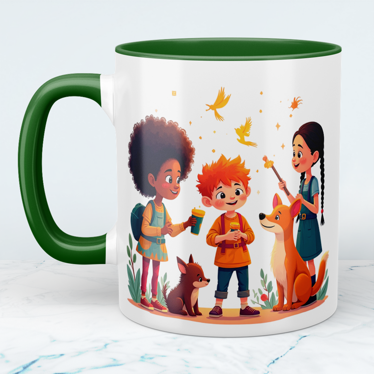 Lustige, bedruckte Tasse mit magischen Tieren und Figuren – das perfekte Geschenk für Kinder!