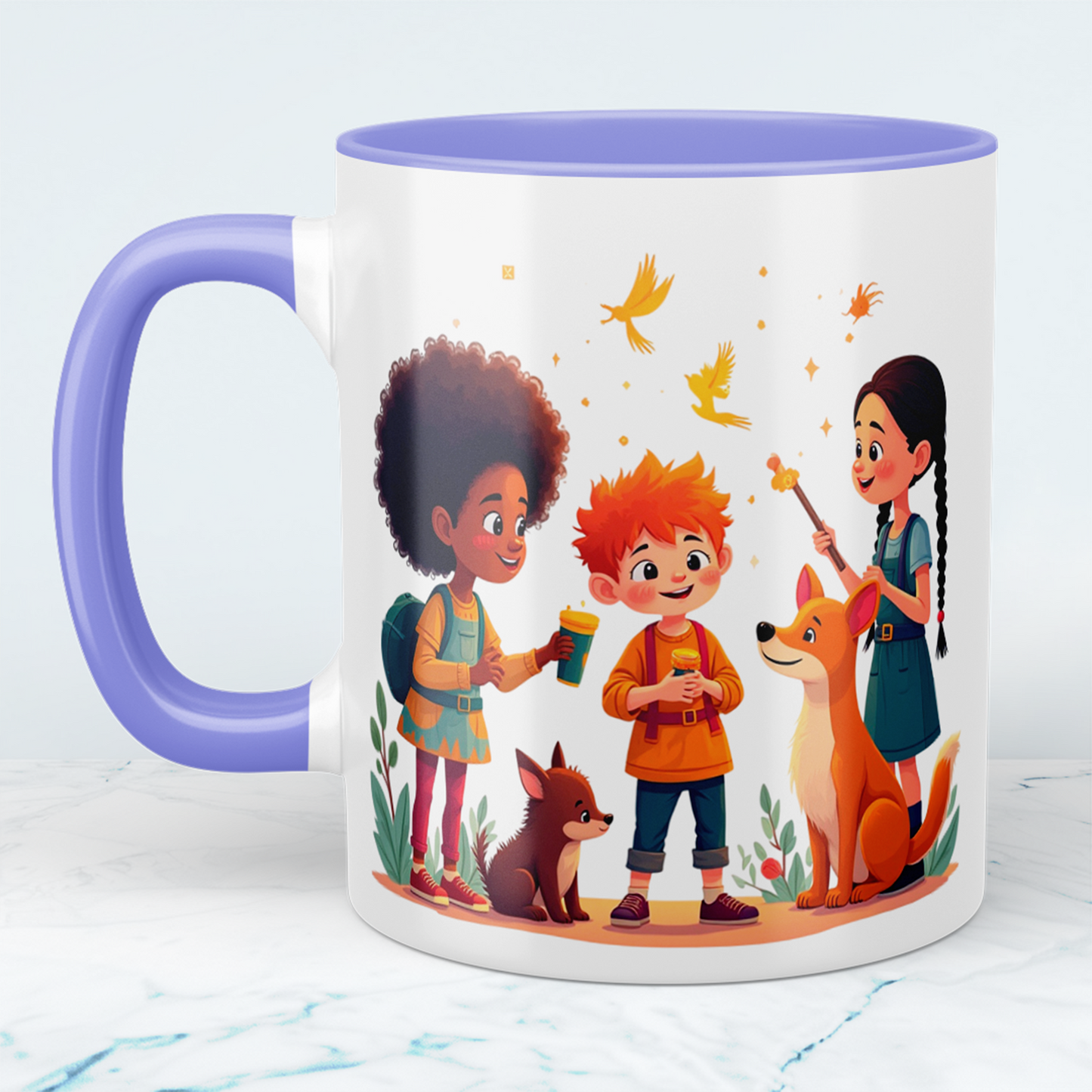 Lustige, bedruckte Tasse mit magischen Tieren und Figuren – das perfekte Geschenk für Kinder!