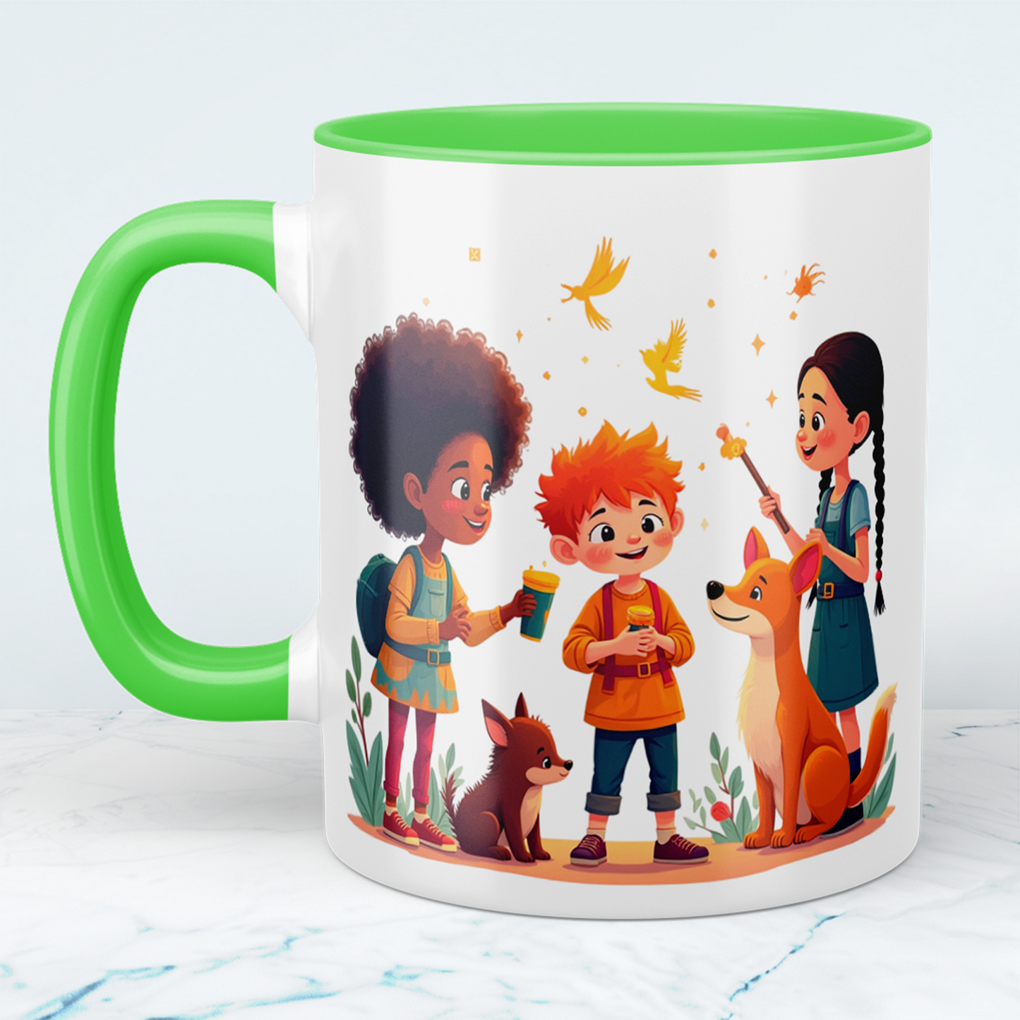 Lustige, bedruckte Tasse mit magischen Tieren und Figuren – das perfekte Geschenk für Kinder!
