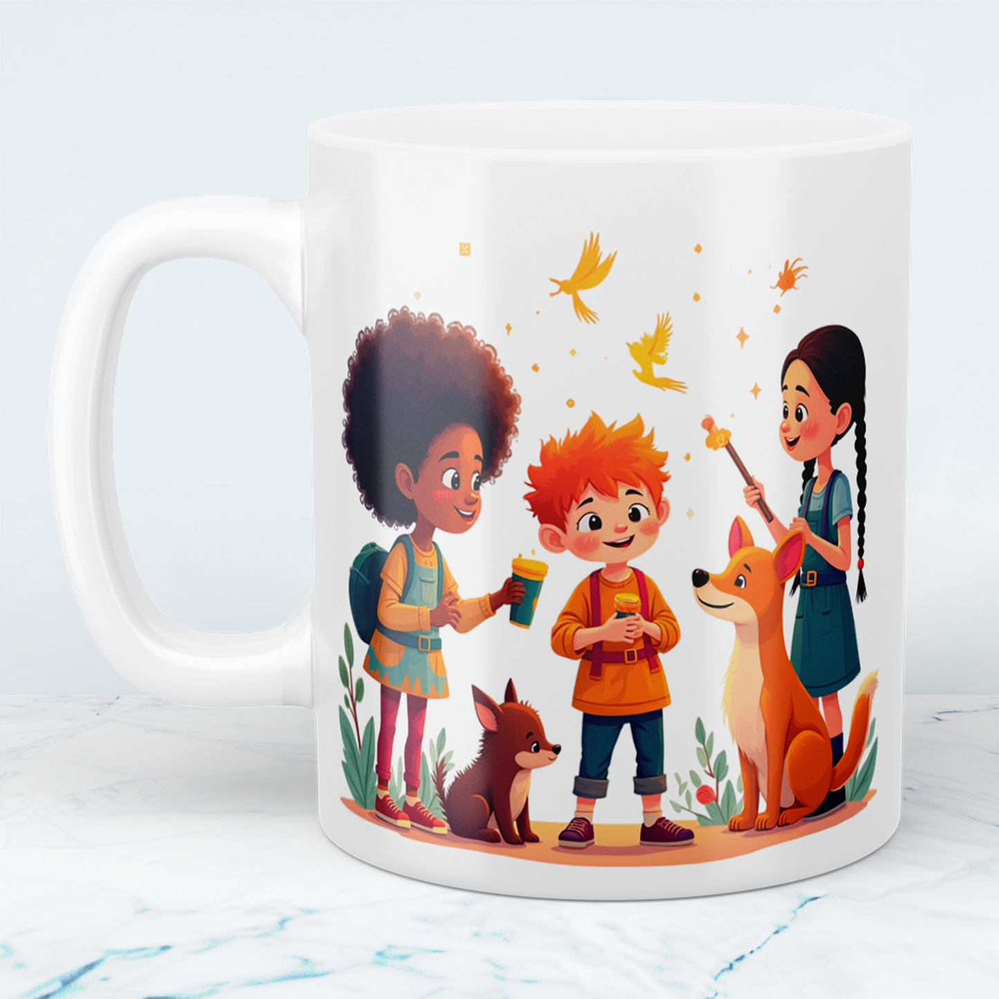 Lustige, bedruckte Tasse mit magischen Tieren und Figuren – das perfekte Geschenk für Kinder!