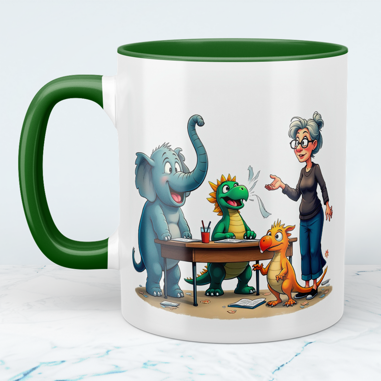 Humorvolle bedruckte Tasse mit magischen Tieren mit Lehrerin – Ideal als Geschenk für Kinder!