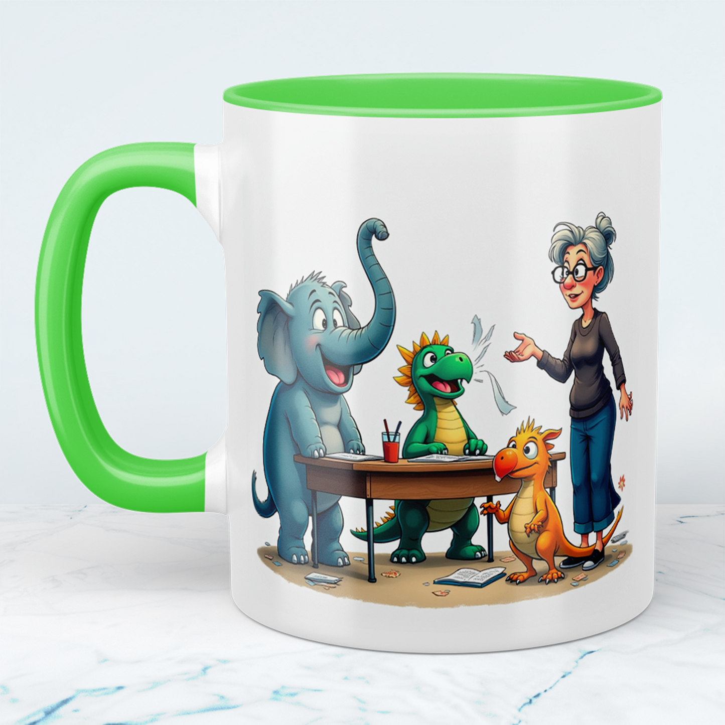 Humorvolle bedruckte Tasse mit magischen Tieren mit Lehrerin – Ideal als Geschenk für Kinder!
