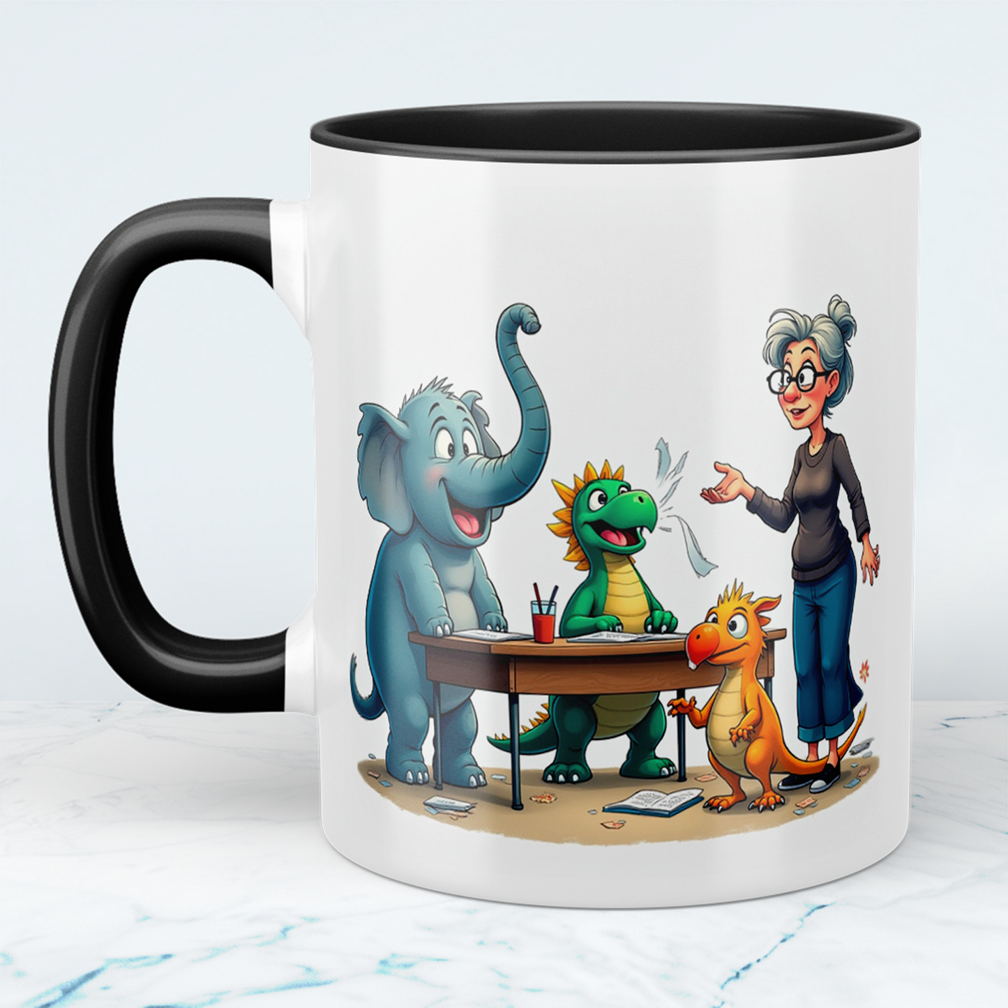 Humorvolle bedruckte Tasse mit magischen Tieren mit Lehrerin – Ideal als Geschenk für Kinder!