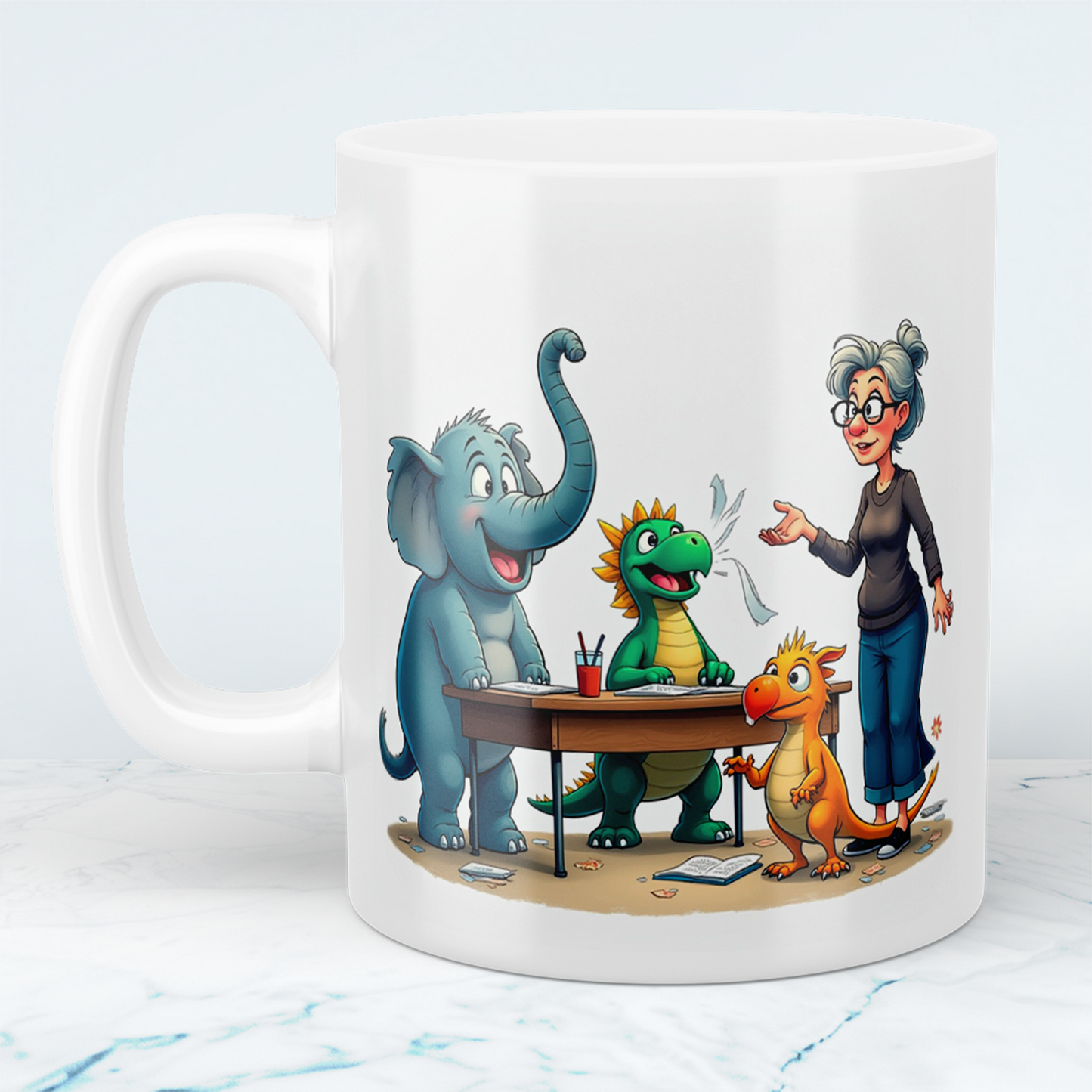 Humorvolle bedruckte Tasse mit magischen Tieren mit Lehrerin – Ideal als Geschenk für Kinder!