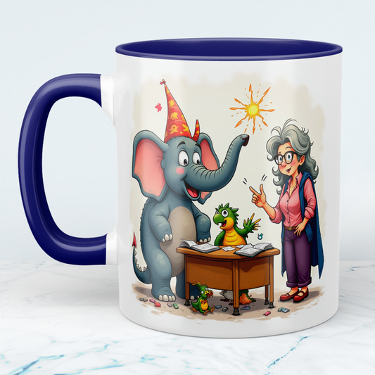 Lustige bedruckte Kindertasse: Magische Tiere mit Lehrerin, Elefant & buntem Cartoon-Design!