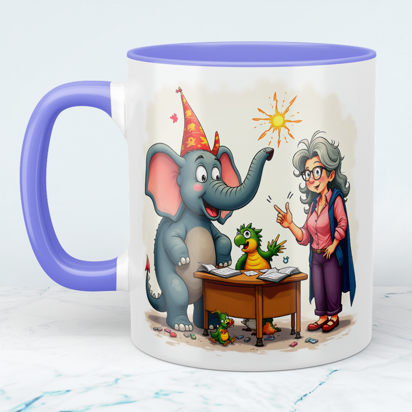 Lustige bedruckte Kindertasse: Magische Tiere mit Lehrerin, Elefant & buntem Cartoon-Design!