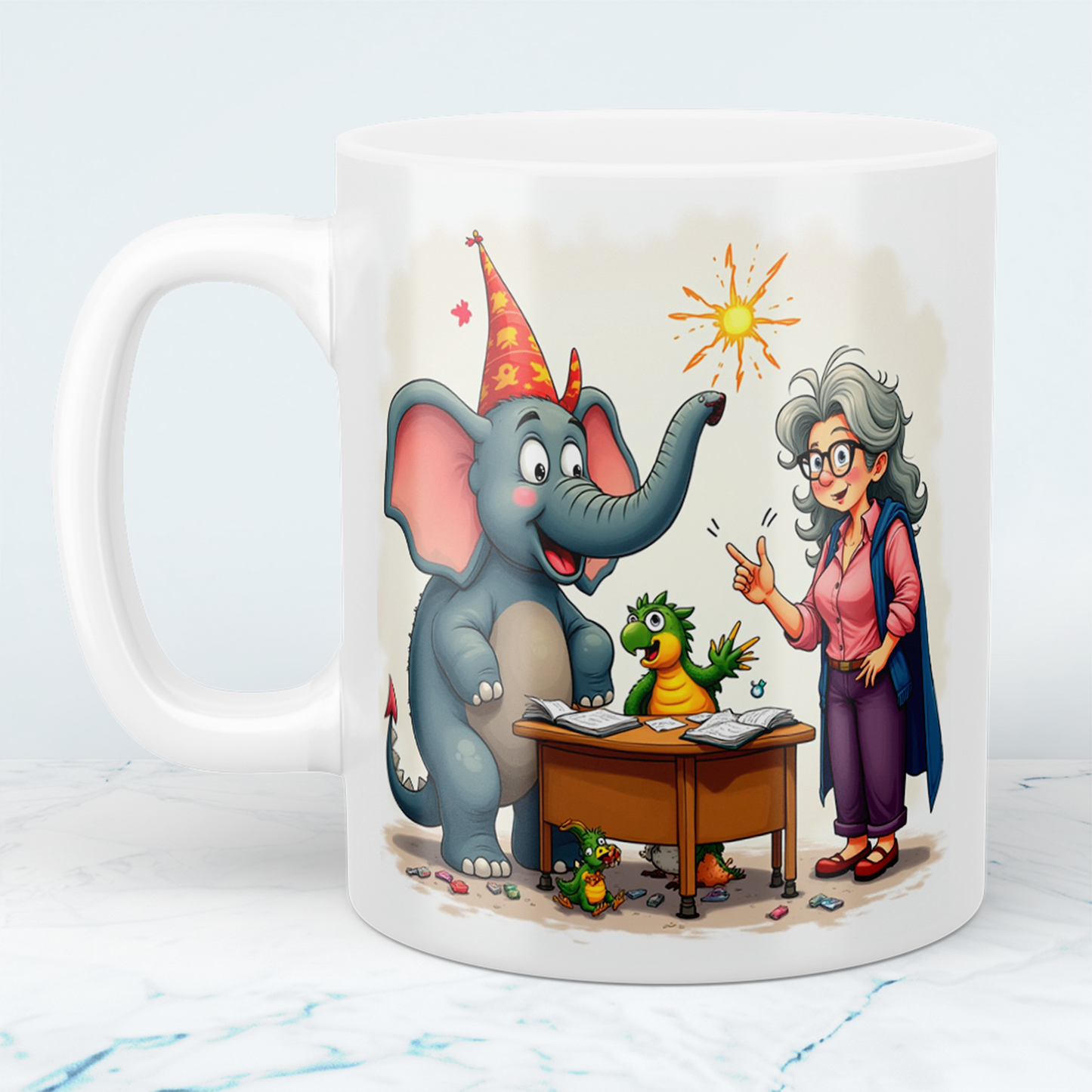 Lustige bedruckte Kindertasse: Magische Tiere mit Lehrerin, Elefant & buntem Cartoon-Design!