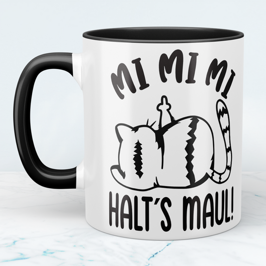 Tasse mit Aufdruck MI MI MI Halts Maul Katze,  Sublimationsaufdruck, Tassengröße 11oz (330 ml), lustiger Spruch, versch. Farben auswählbar