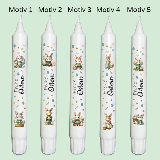 Schöne Kerze mit niedlichem Oster - Design, tolles Geschenk zu Ostern, viele Motive und weiße Geschenkanhänger verfügbar