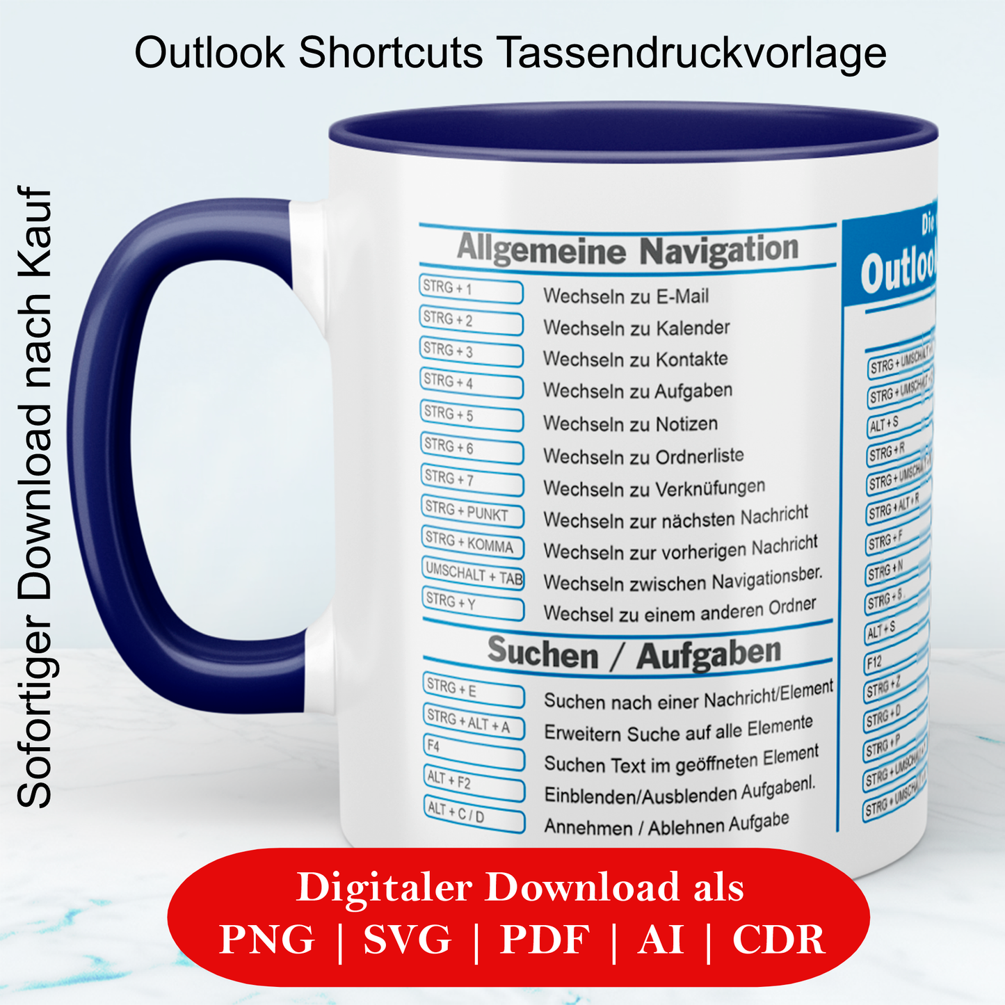 Outlook ShortCuts Vorlage - Digitaler Download, lustige Tassen, Mockup Becher, Kaffeetassen, Sofort Drucken und Tasse erstellen