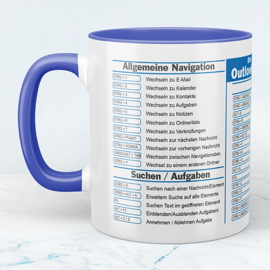 Bedruckte Tasse mit Outlook Shortcuts Kurzbefehlen, Geschenk für Kollegen