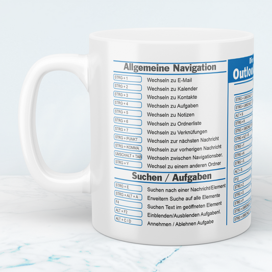 B-Ware - Bedruckte Tasse mit Outlook Shortcuts Kurzbefehlen, Geschenk für Kollegen