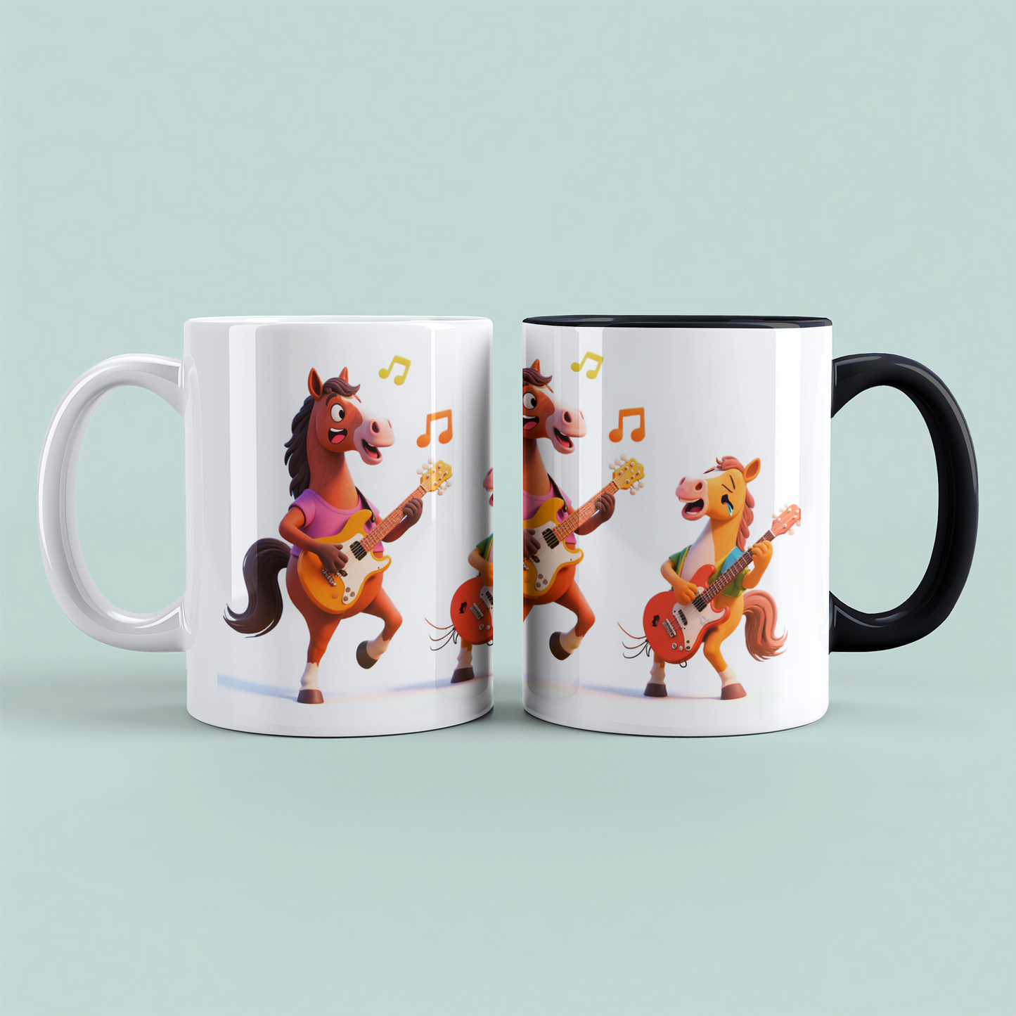 Lustige bedruckte Tasse mit 2 tanzenden Pferden und Gitarre – das perfekte Geschenk für Kinder!