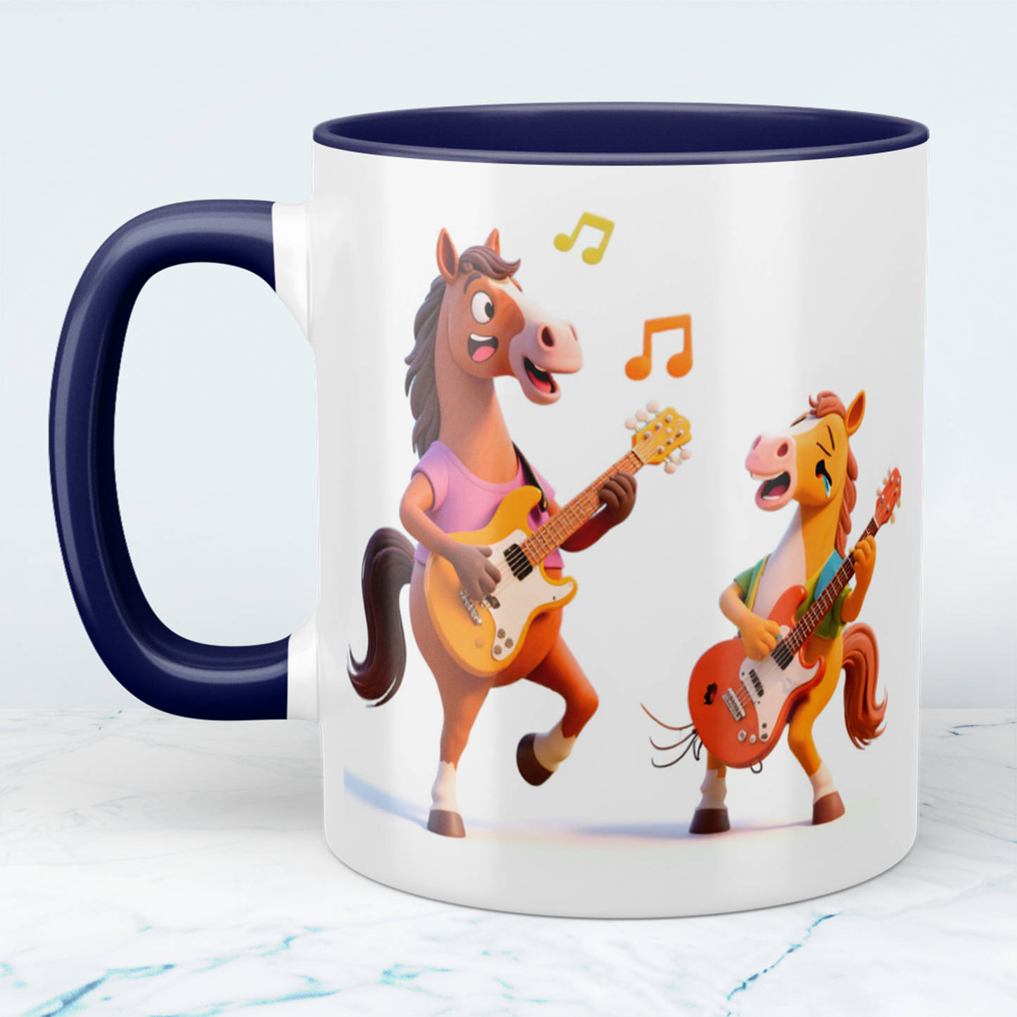 Lustige bedruckte Tasse mit 2 tanzenden Pferden und Gitarre – das perfekte Geschenk für Kinder!