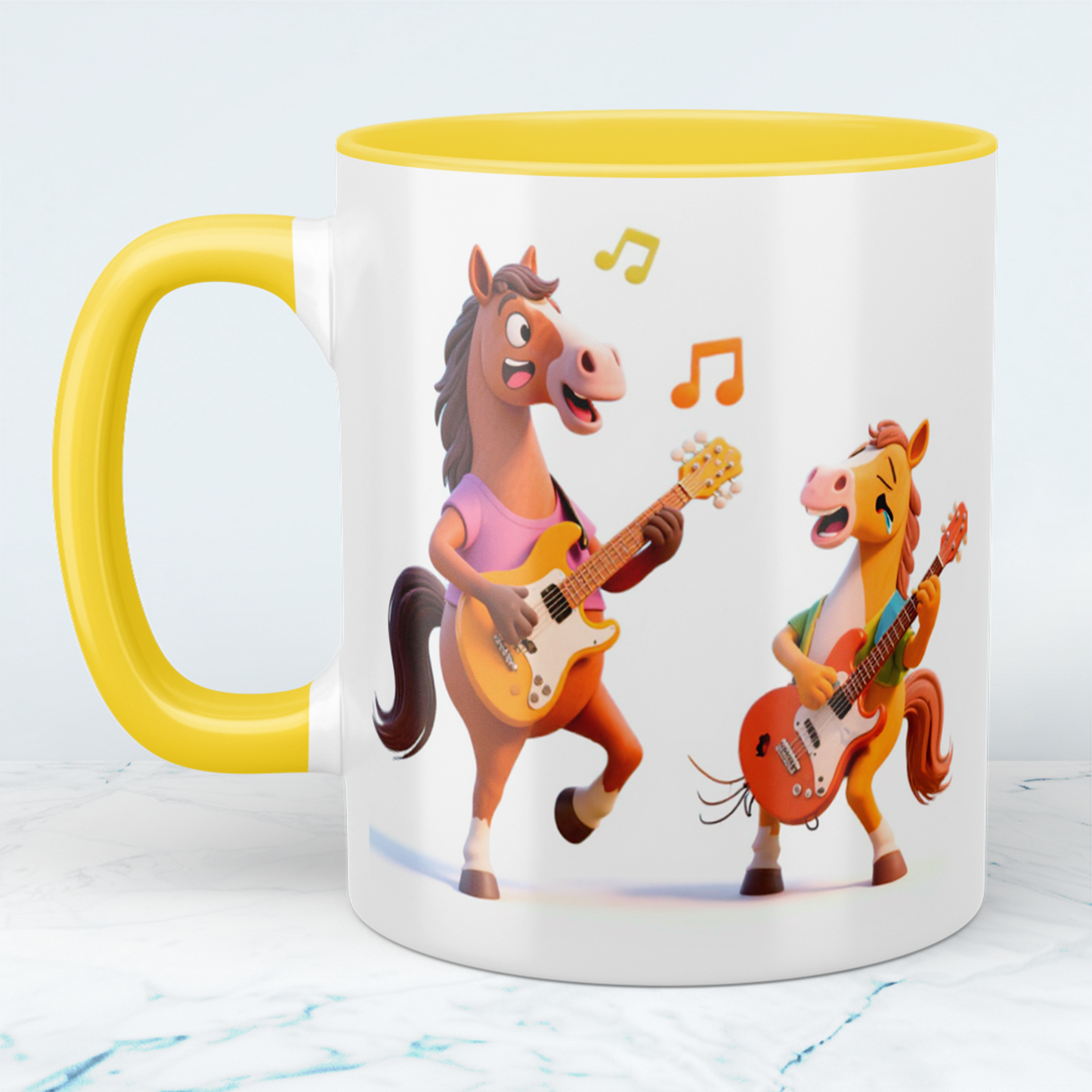 Lustige bedruckte Tasse mit 2 tanzenden Pferden und Gitarre – das perfekte Geschenk für Kinder!