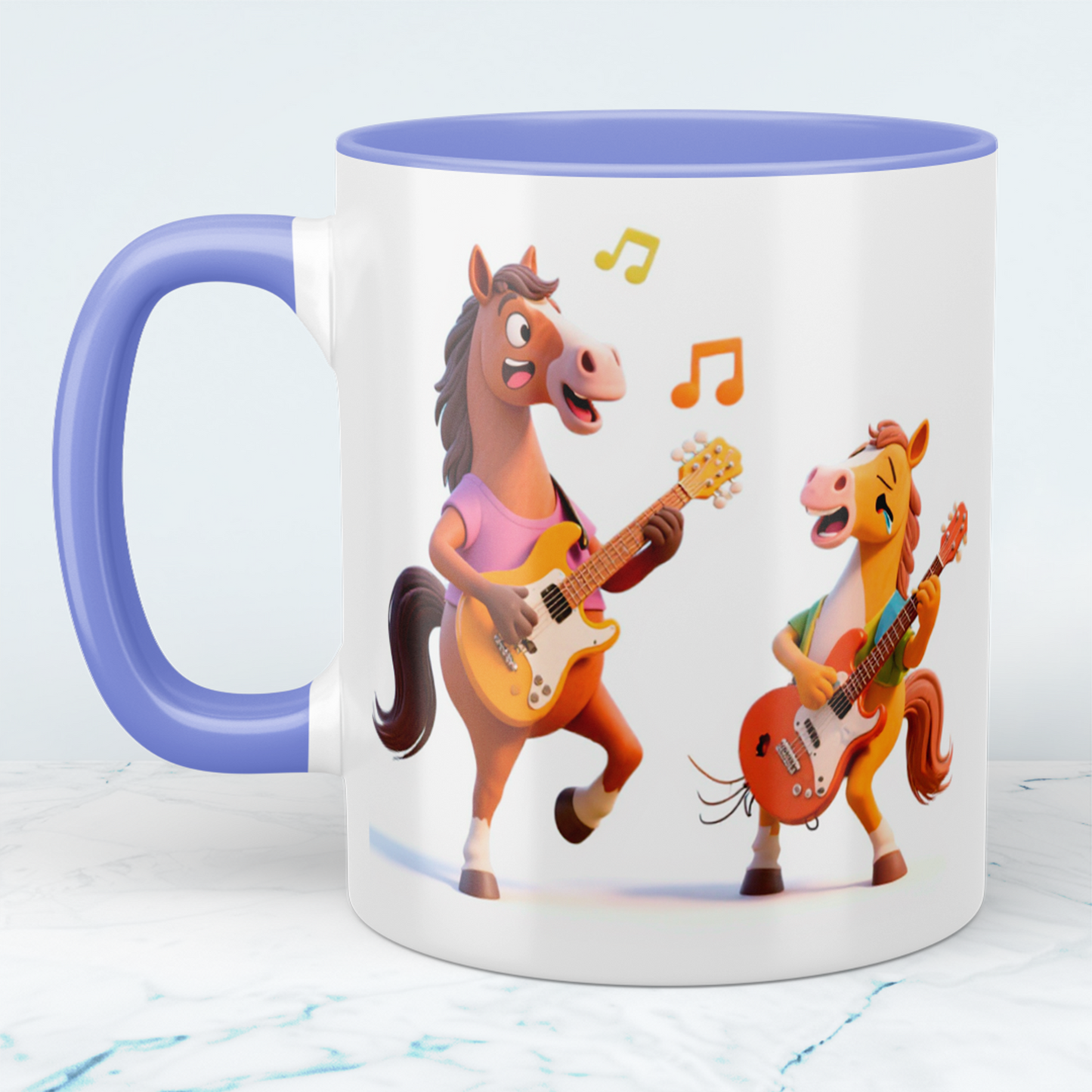 Lustige bedruckte Tasse mit 2 tanzenden Pferden und Gitarre – das perfekte Geschenk für Kinder!