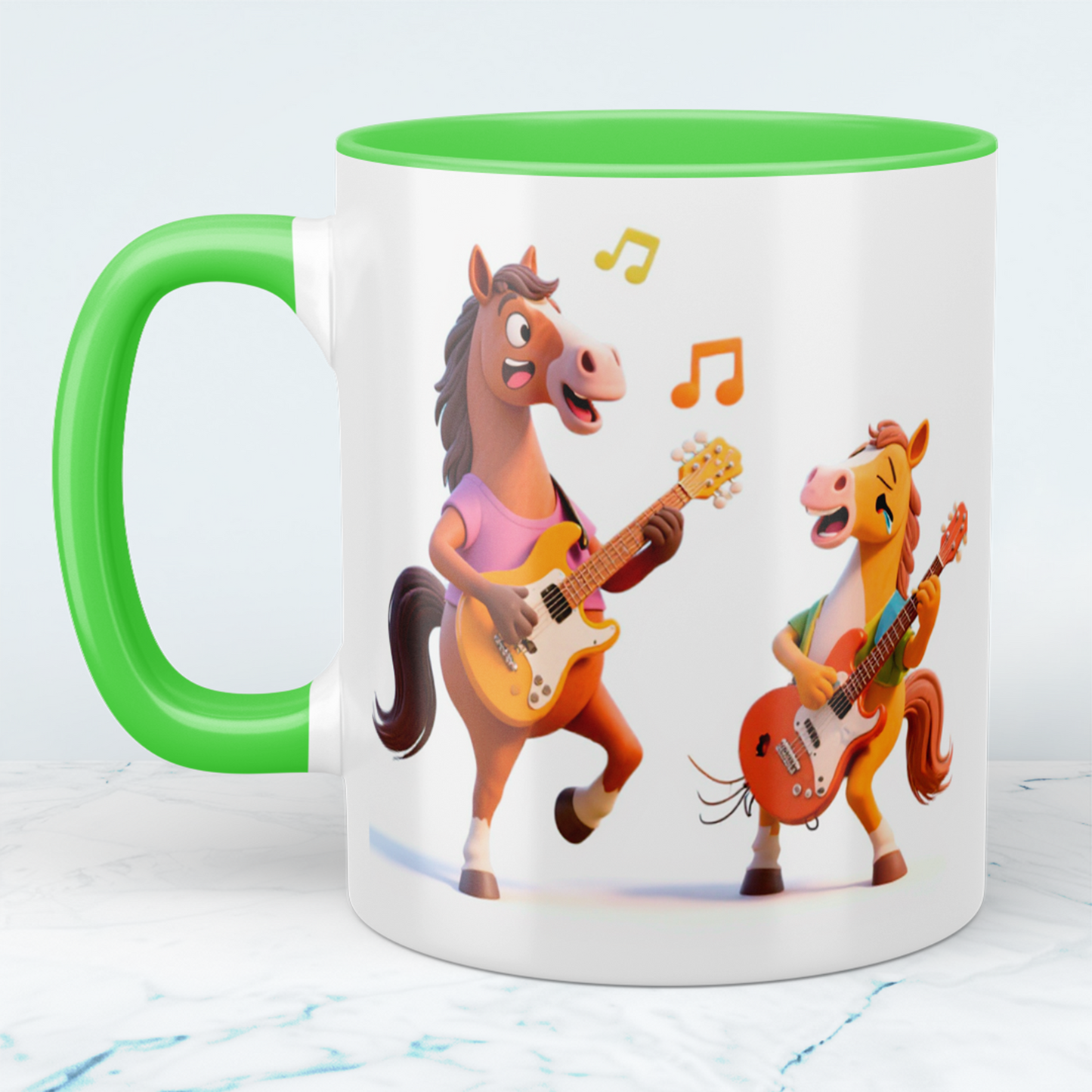 Lustige bedruckte Tasse mit 2 tanzenden Pferden und Gitarre – das perfekte Geschenk für Kinder!