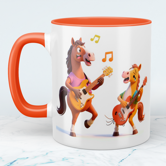 Lustige bedruckte Tasse mit 2 tanzenden Pferden und Gitarre – das perfekte Geschenk für Kinder!