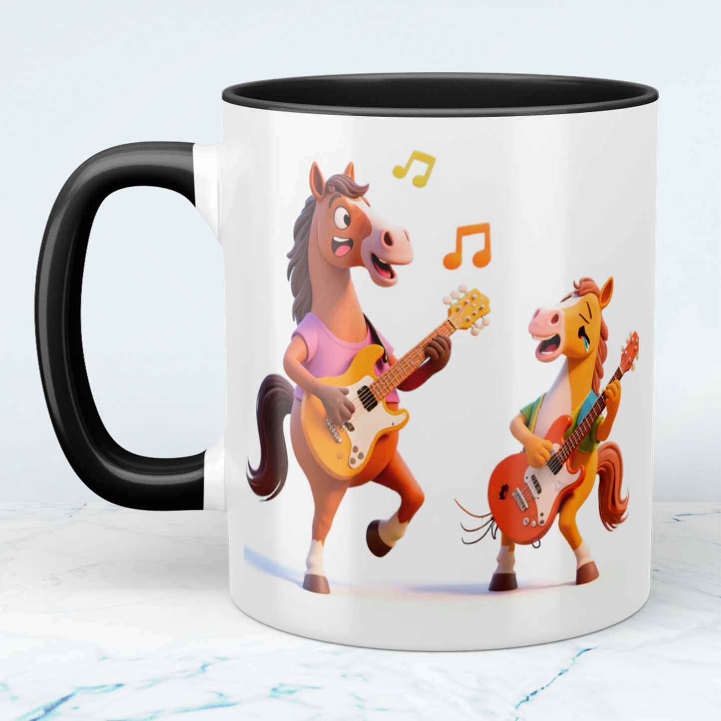 Lustige bedruckte Tasse mit 2 tanzenden Pferden und Gitarre – das perfekte Geschenk für Kinder!
