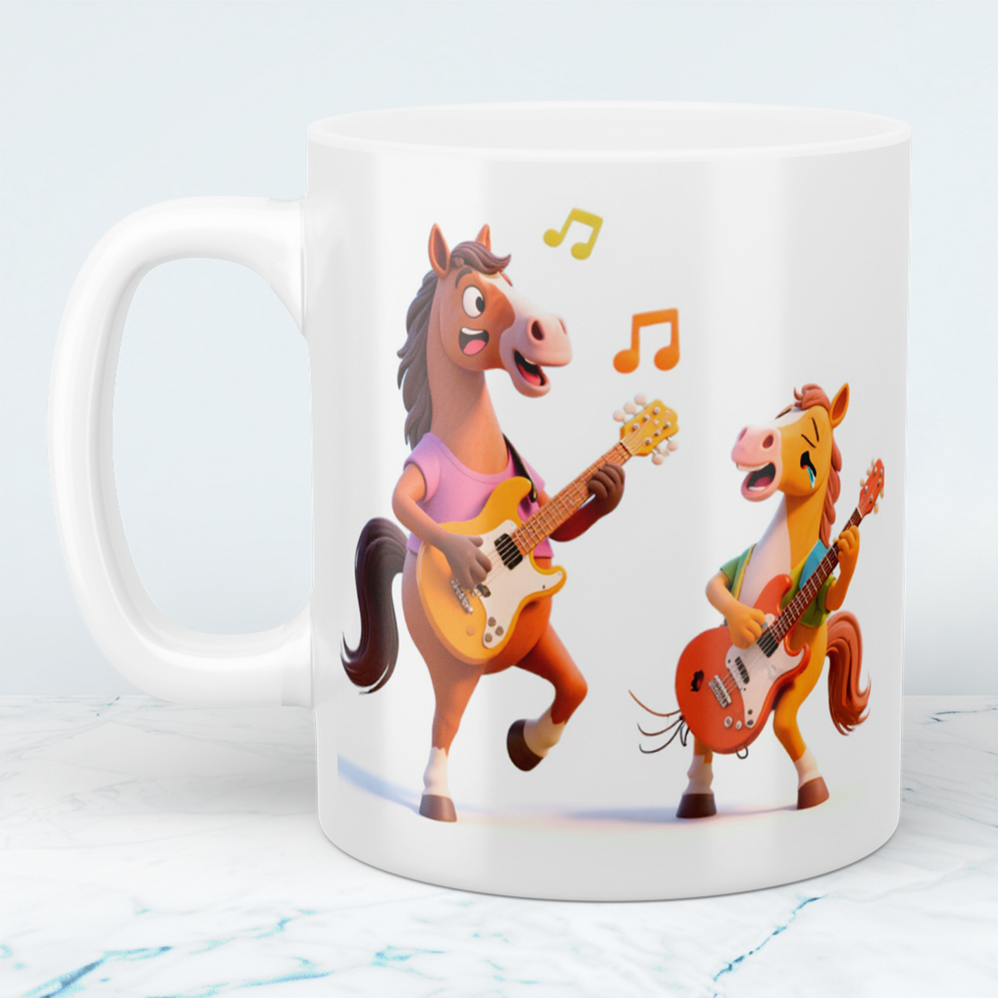 Lustige bedruckte Tasse mit 2 tanzenden Pferden und Gitarre – das perfekte Geschenk für Kinder!