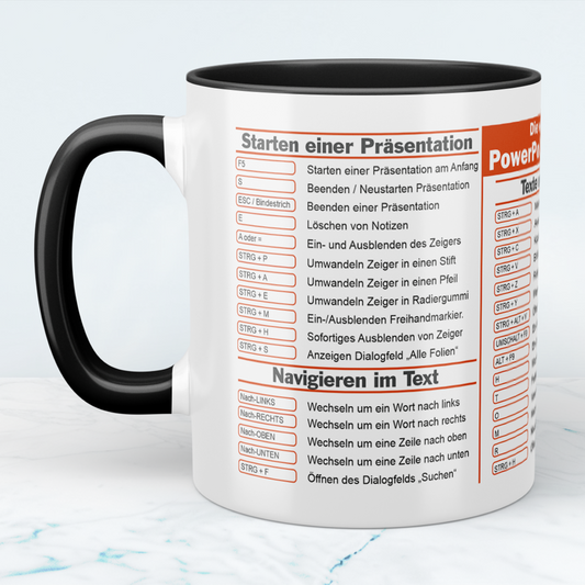 Bedruckte Tasse mit PowerPoint Shortcuts Kurzbefehlen, Büro Geschenk