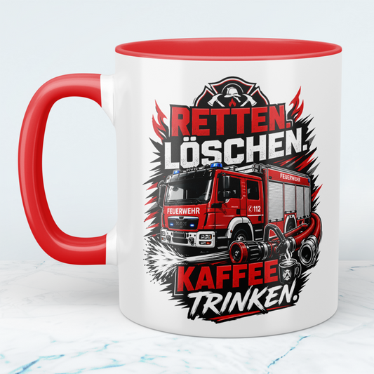 Feuerwehr Tasse "Retten Löschen Kaffee trinken" – Geschenk für Feuerwehrleute