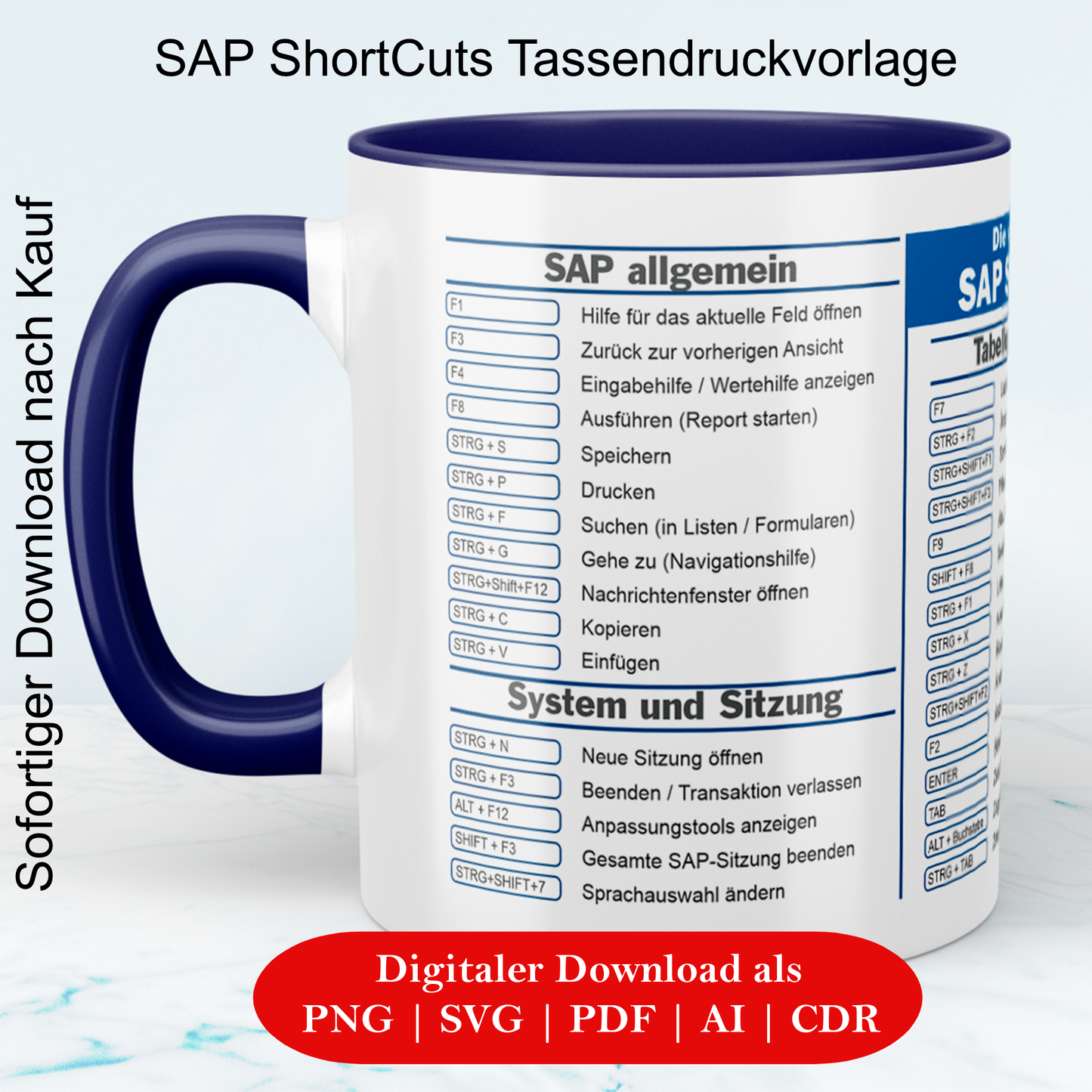 SAP ShortCuts Vorlage - Digitaler Download, lustige Tassen, Mockup Becher, Kaffeetassen, Sofort Drucken und Tasse erstellen