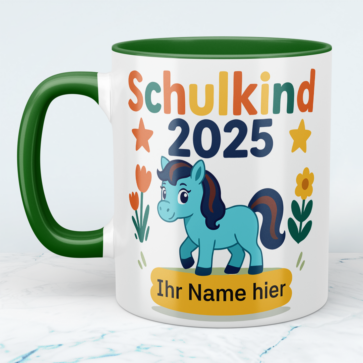 Zum Schulstart – Bedruckte Tasse, Personalisiert mit Namen, Ponny und Schriftzug: Schulkind 2025