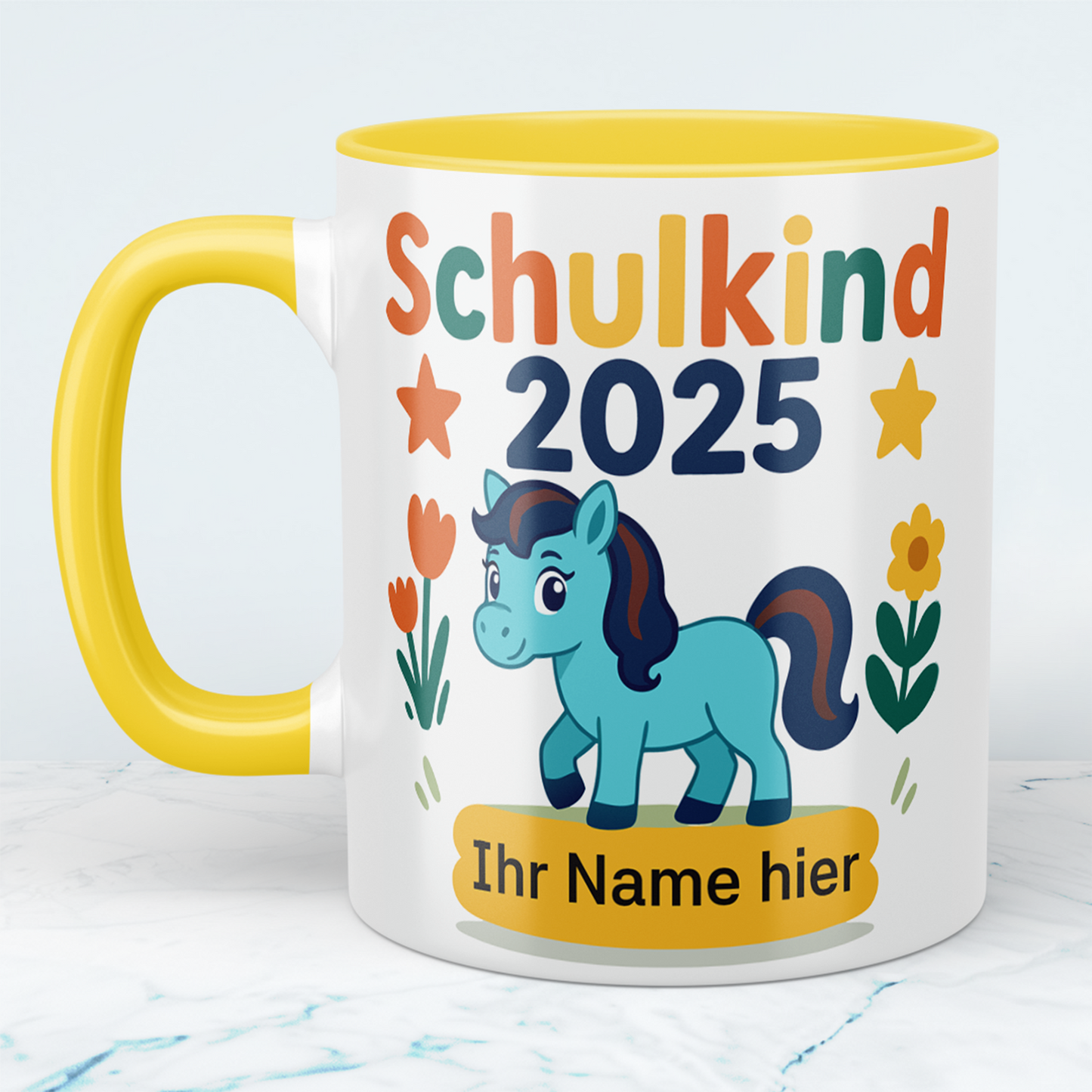 Zum Schulstart – Bedruckte Tasse, Personalisiert mit Namen, Ponny und Schriftzug: Schulkind 2025