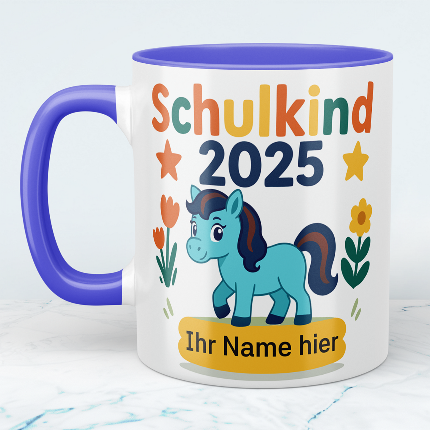 Zum Schulstart – Bedruckte Tasse, Personalisiert mit Namen, Ponny und Schriftzug: Schulkind 2025