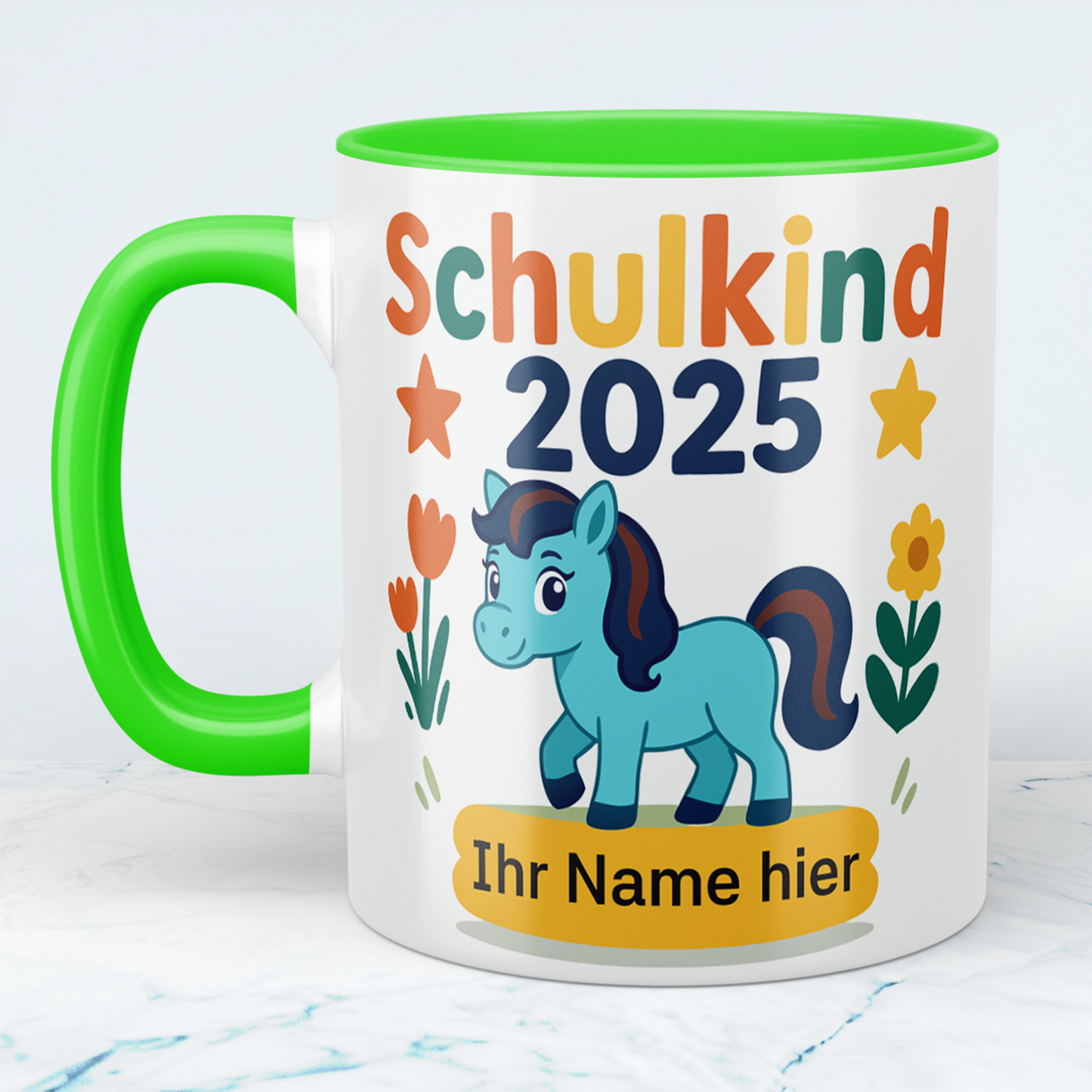 Zum Schulstart – Bedruckte Tasse, Personalisiert mit Namen, Ponny und Schriftzug: Schulkind 2025
