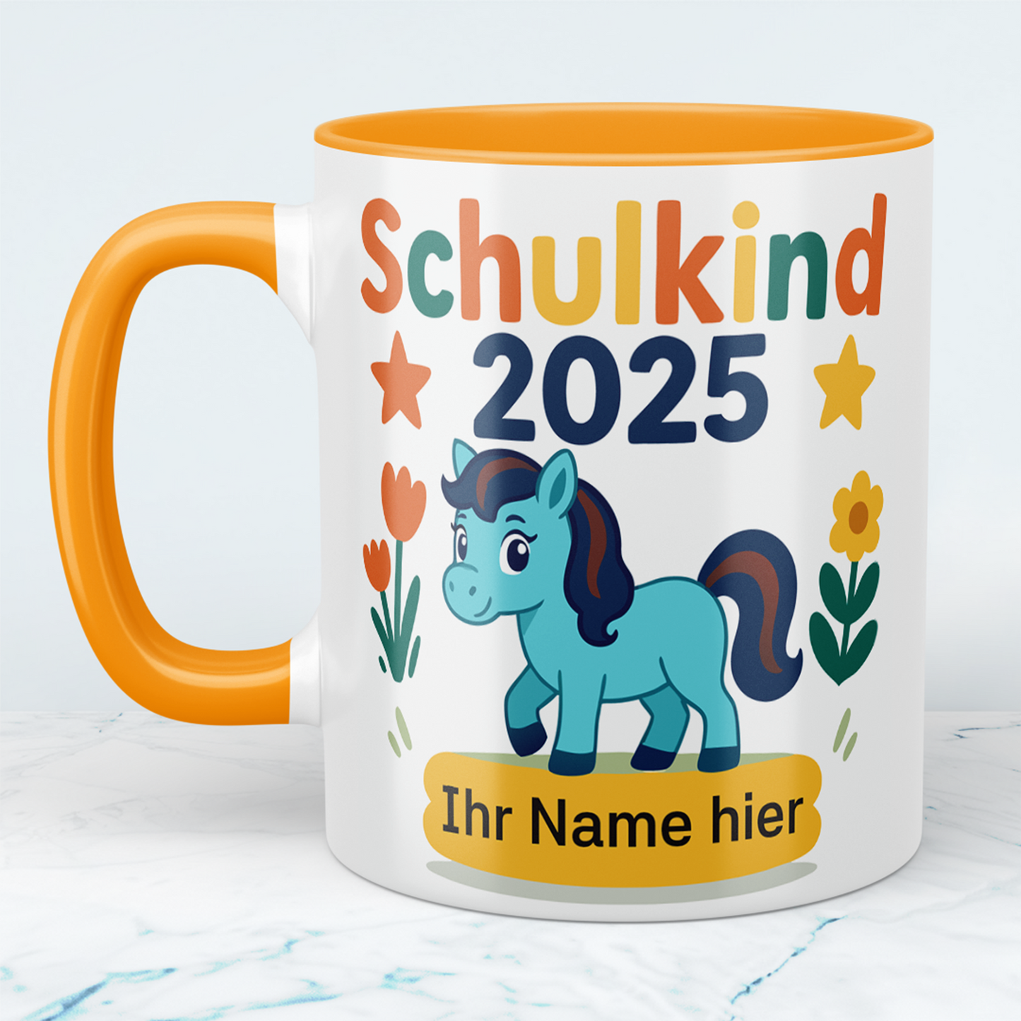 Zum Schulstart – Bedruckte Tasse, Personalisiert mit Namen, Ponny und Schriftzug: Schulkind 2025