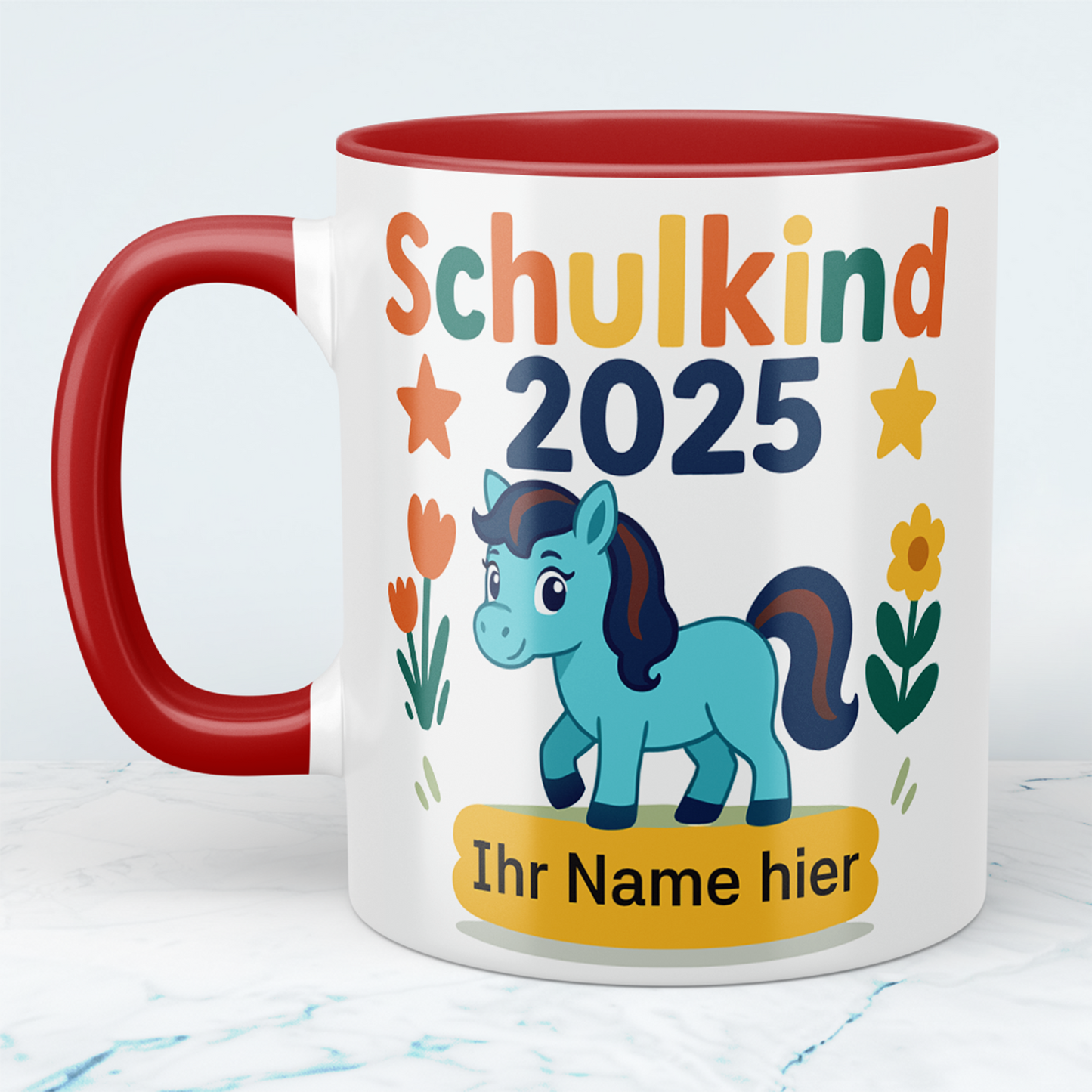 Zum Schulstart – Bedruckte Tasse, Personalisiert mit Namen, Ponny und Schriftzug: Schulkind 2025