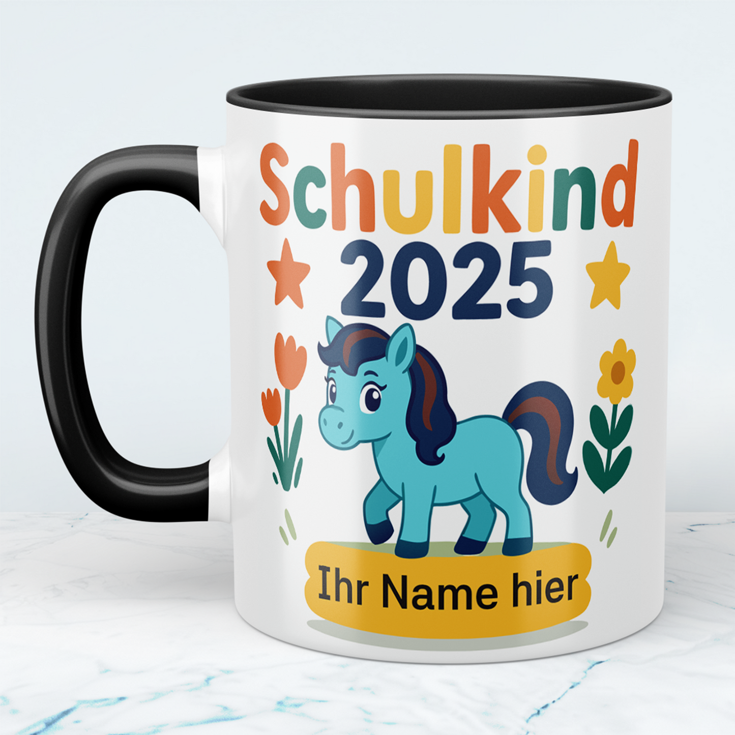 Zum Schulstart – Bedruckte Tasse, Personalisiert mit Namen, Ponny und Schriftzug: Schulkind 2025