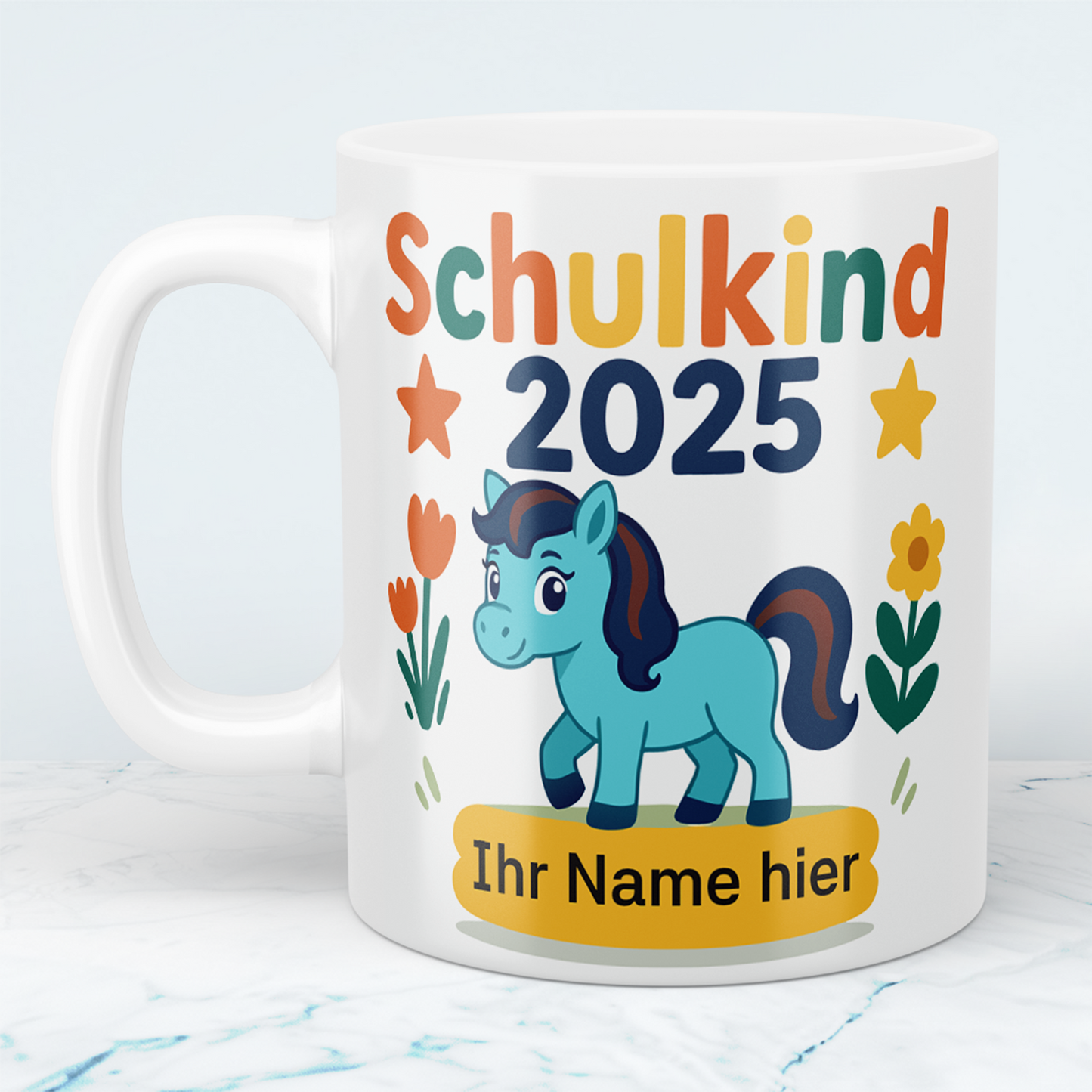 Zum Schulstart – Bedruckte Tasse, Personalisiert mit Namen, Ponny und Schriftzug: Schulkind 2025
