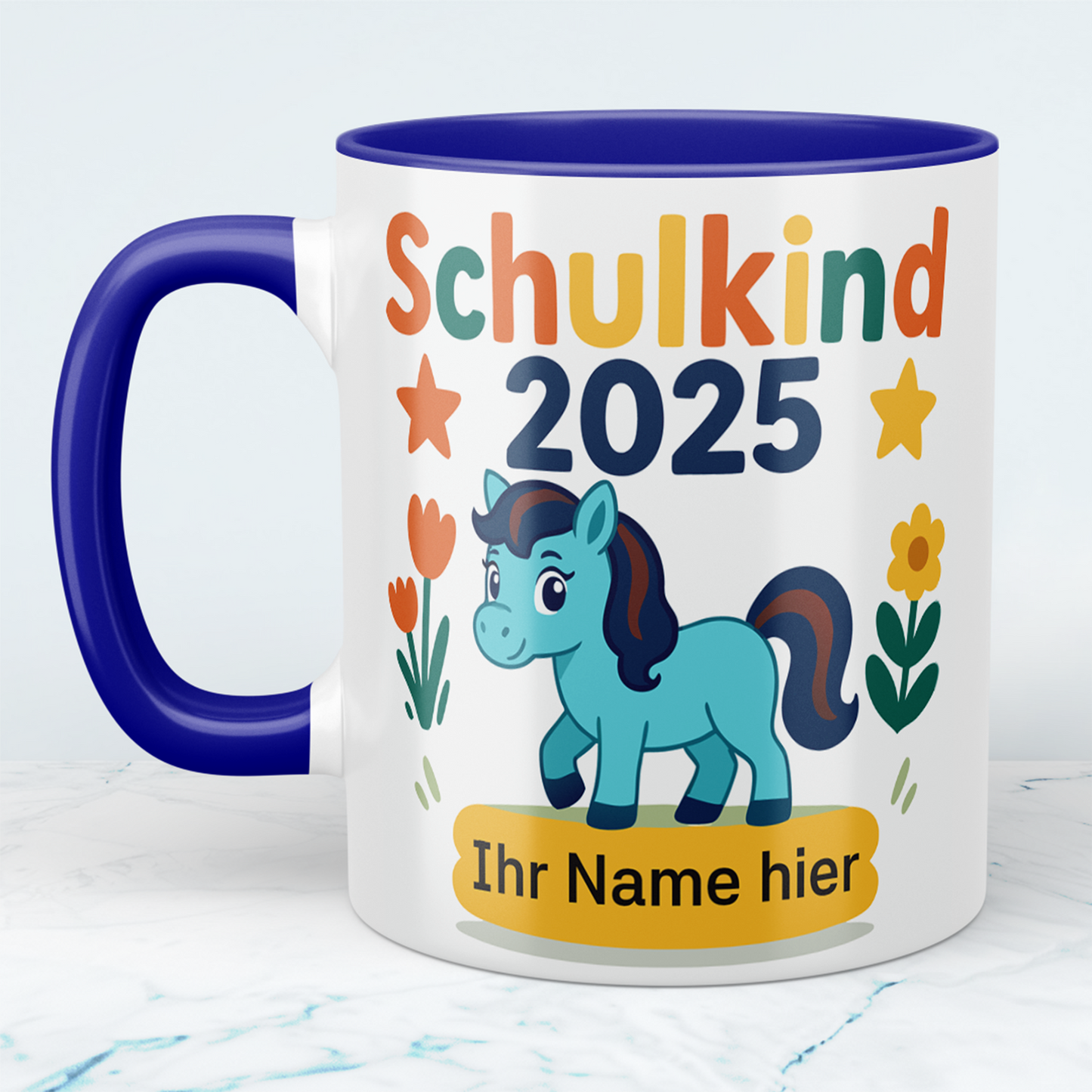 Zum Schulstart – Bedruckte Tasse, Personalisiert mit Namen, Ponny und Schriftzug: Schulkind 2025