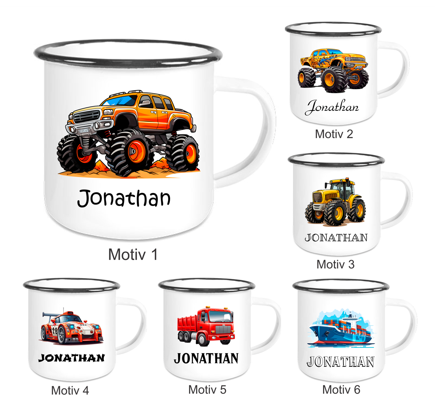 Kindertasse Emaille mit personalisierten Namen, schwarzer Rand