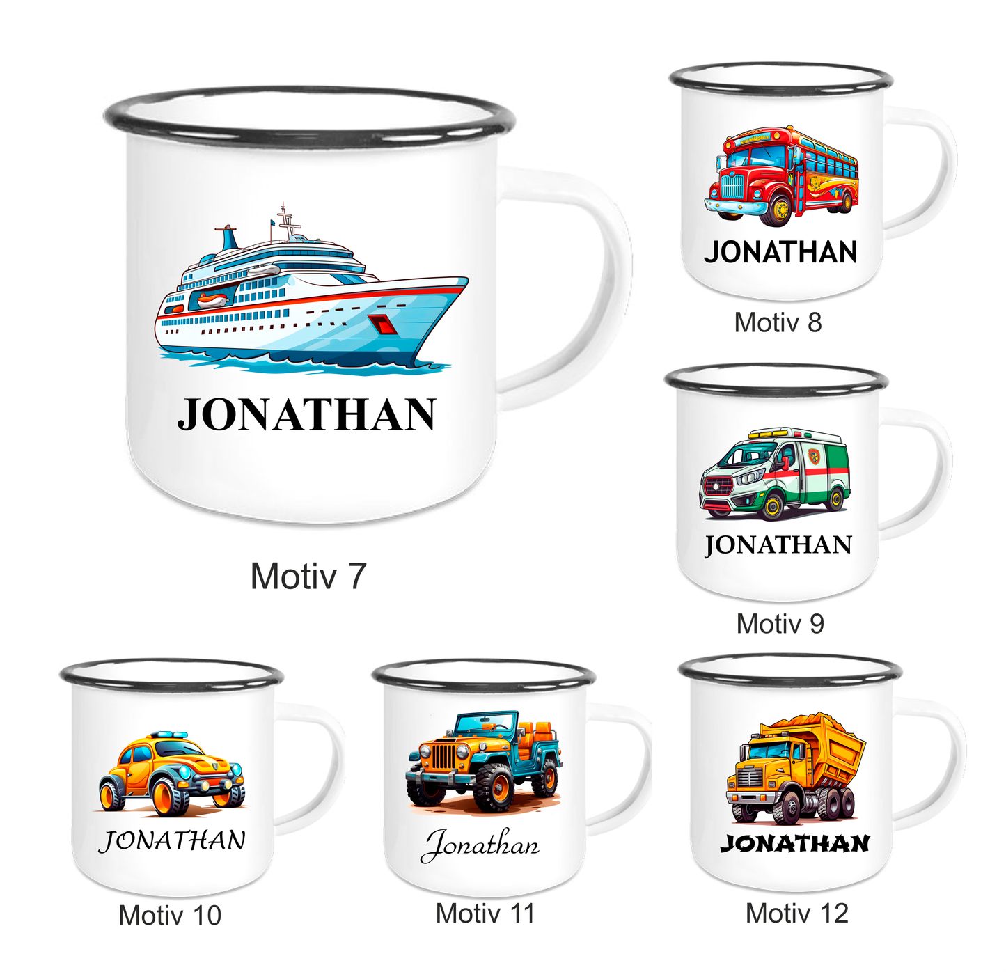 Kindertasse Emaille mit personalisierten Namen, schwarzer Rand