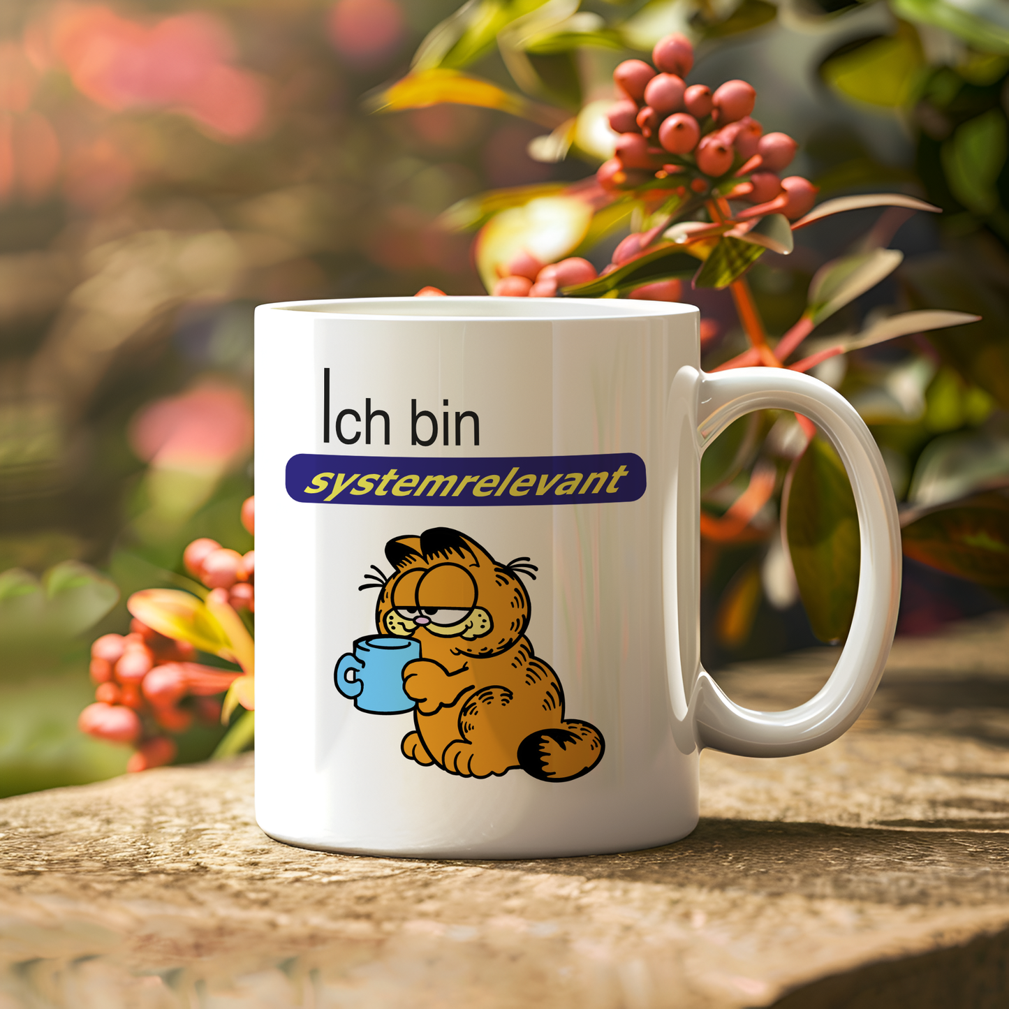Tasse mit Aufdruck Ich bin systemrelevant, Garfield,  Sublimationsaufdruck, Größe 11oz (330 ml), lustiger Spruch, versch. Farben auswählbar