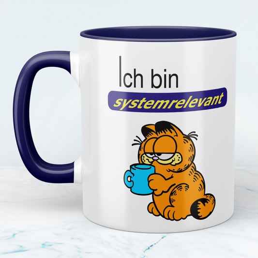 Tasse mit Aufdruck Ich bin systemrelevant, Garfield,  Sublimationsaufdruck, Größe 11oz (330 ml), lustiger Spruch, versch. Farben auswählbar