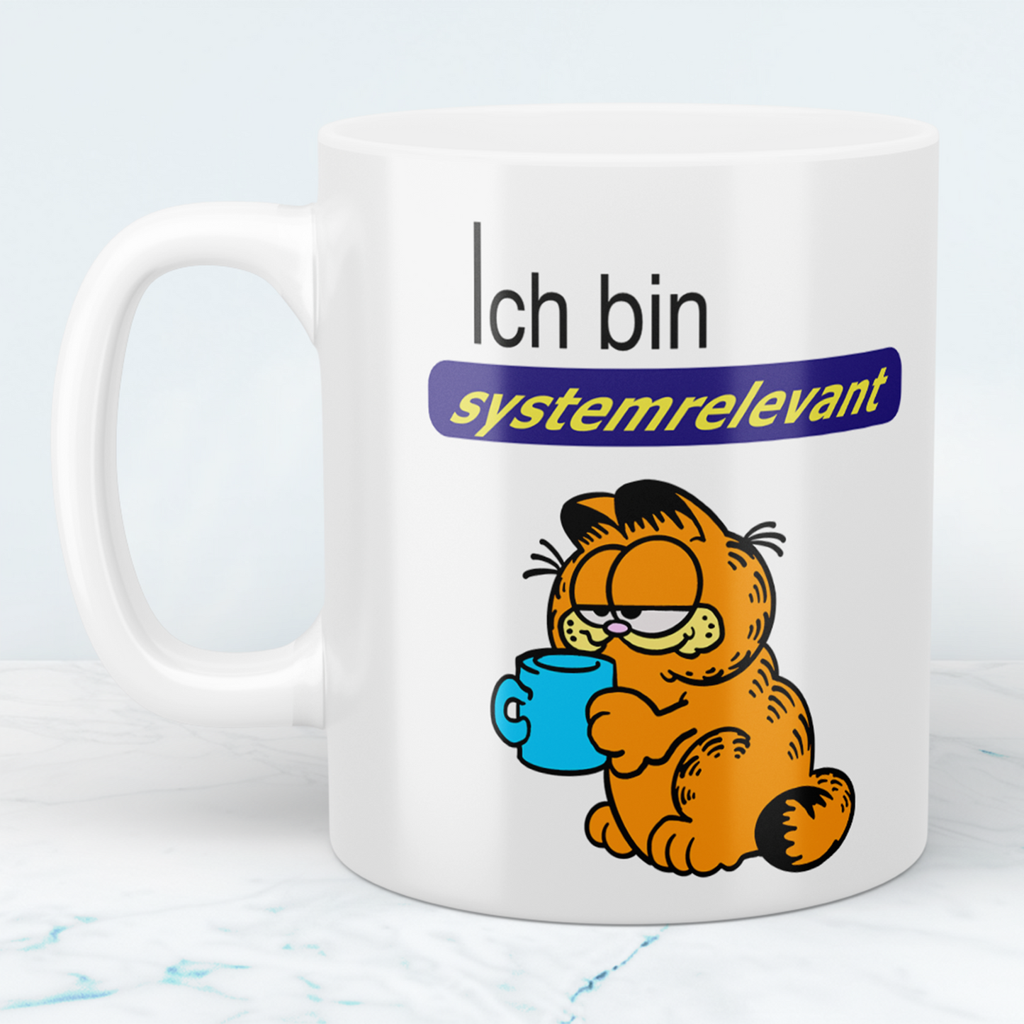 Tasse mit Aufdruck Ich bin systemrelevant, Garfield,  Sublimationsaufdruck, Größe 11oz (330 ml), lustiger Spruch, versch. Farben auswählbar