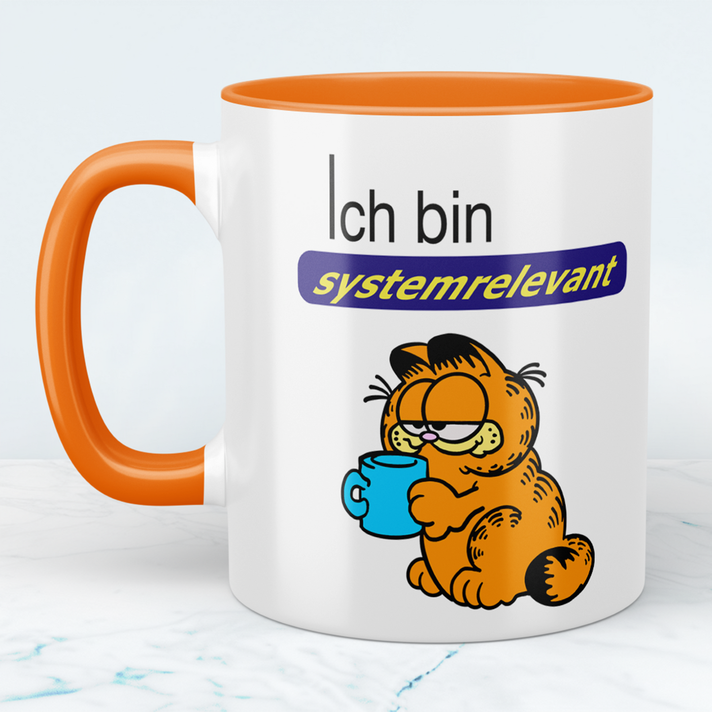 Tasse mit Aufdruck Ich bin systemrelevant, Garfield,  Sublimationsaufdruck, Größe 11oz (330 ml), lustiger Spruch, versch. Farben auswählbar