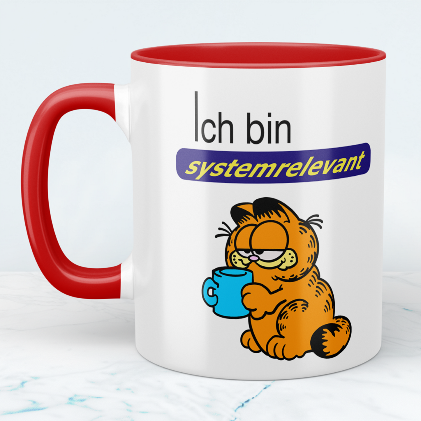 Tasse mit Aufdruck Ich bin systemrelevant, Garfield,  Sublimationsaufdruck, Größe 11oz (330 ml), lustiger Spruch, versch. Farben auswählbar