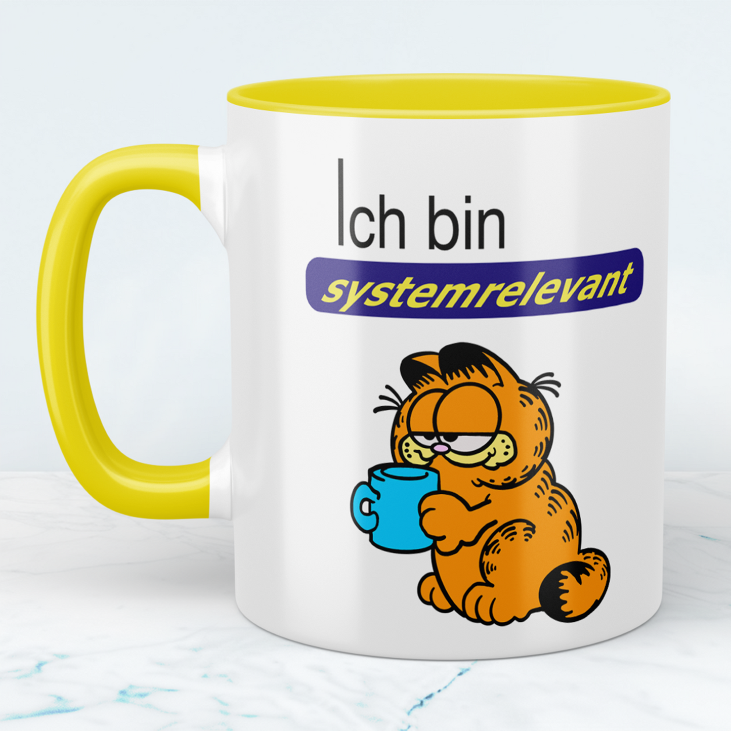 Tasse mit Aufdruck Ich bin systemrelevant, Garfield,  Sublimationsaufdruck, Größe 11oz (330 ml), lustiger Spruch, versch. Farben auswählbar