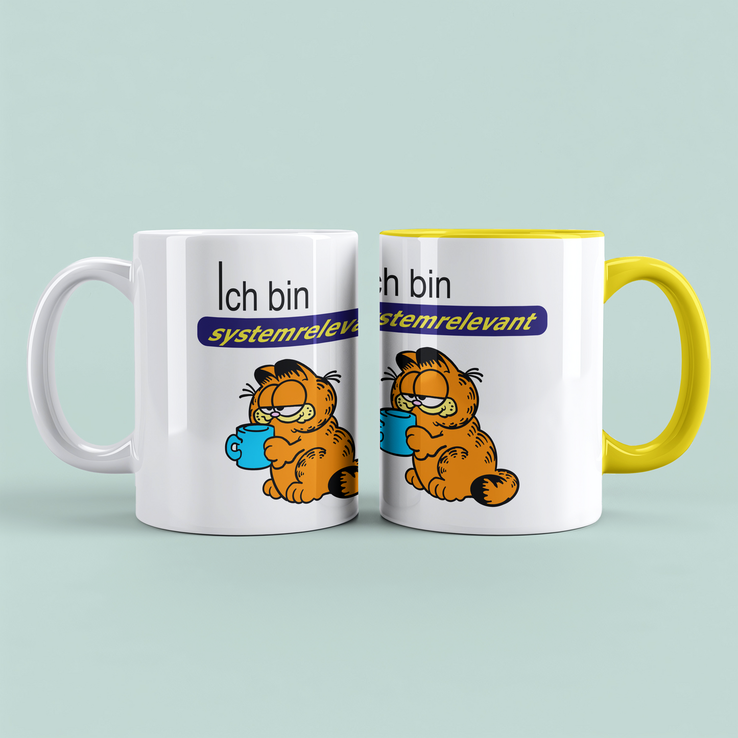 Tasse mit Aufdruck Ich bin systemrelevant, Garfield,  Sublimationsaufdruck, Größe 11oz (330 ml), lustiger Spruch, versch. Farben auswählbar
