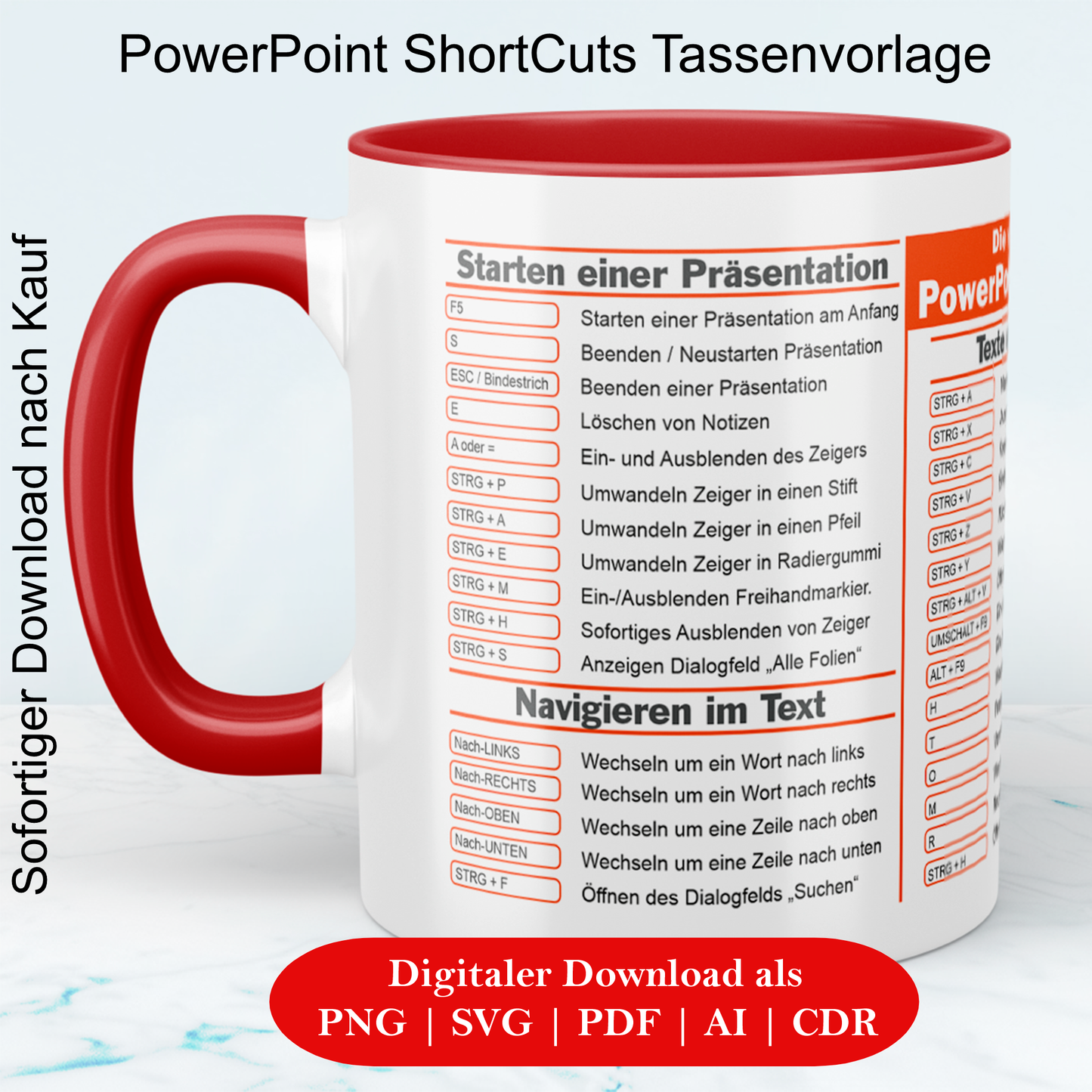 PowerPoint ShortCuts Vorlage - Digitaler Download, lustige Tassen, Mockup Becher, Kaffeetassen, Sofort Drucken und Tasse erstellen