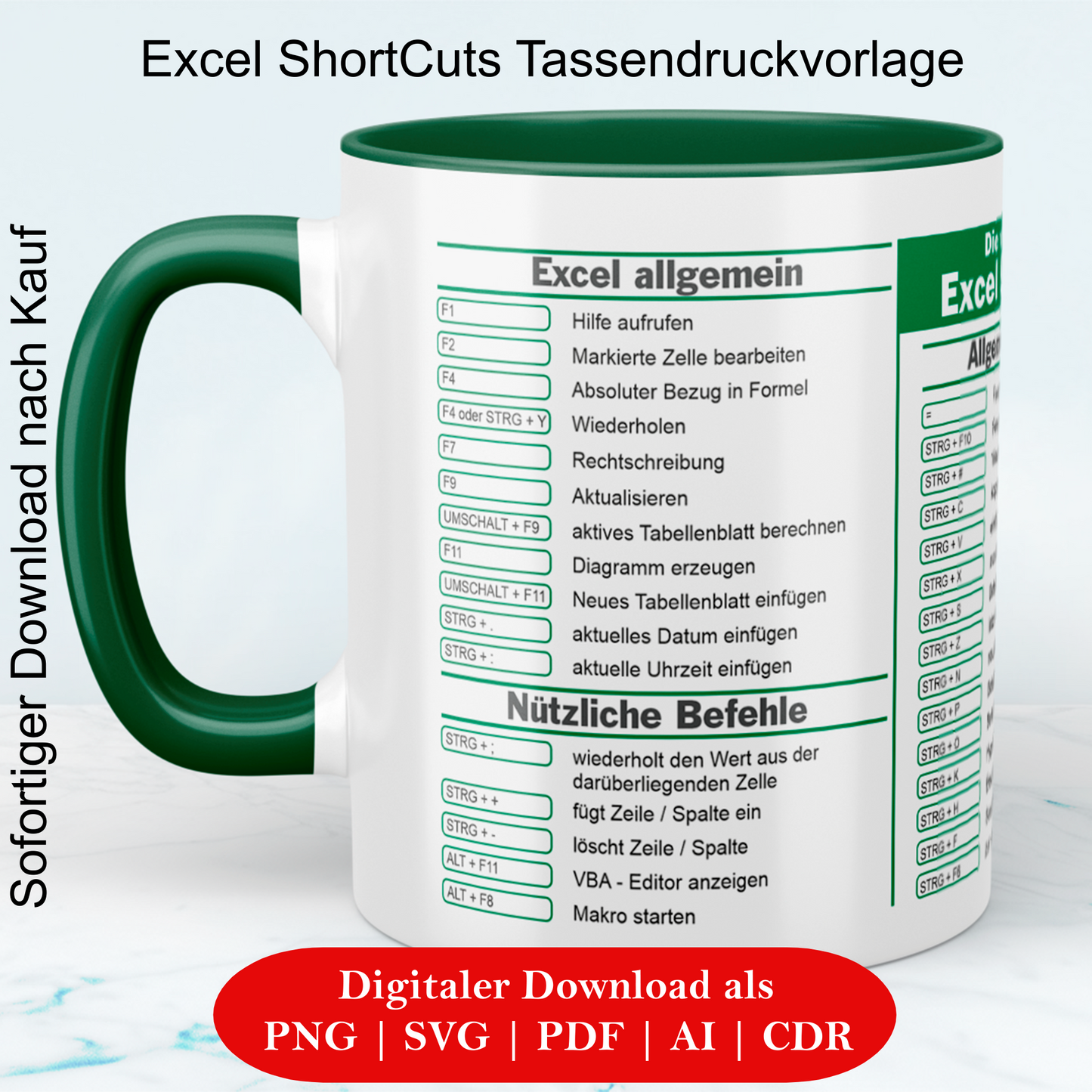 Excel ShortCuts Vorlage - Digitaler Download, lustige Tassen, Mockup Becher, Kaffeetassen, Sofort Drucken und Tasse erstellen
