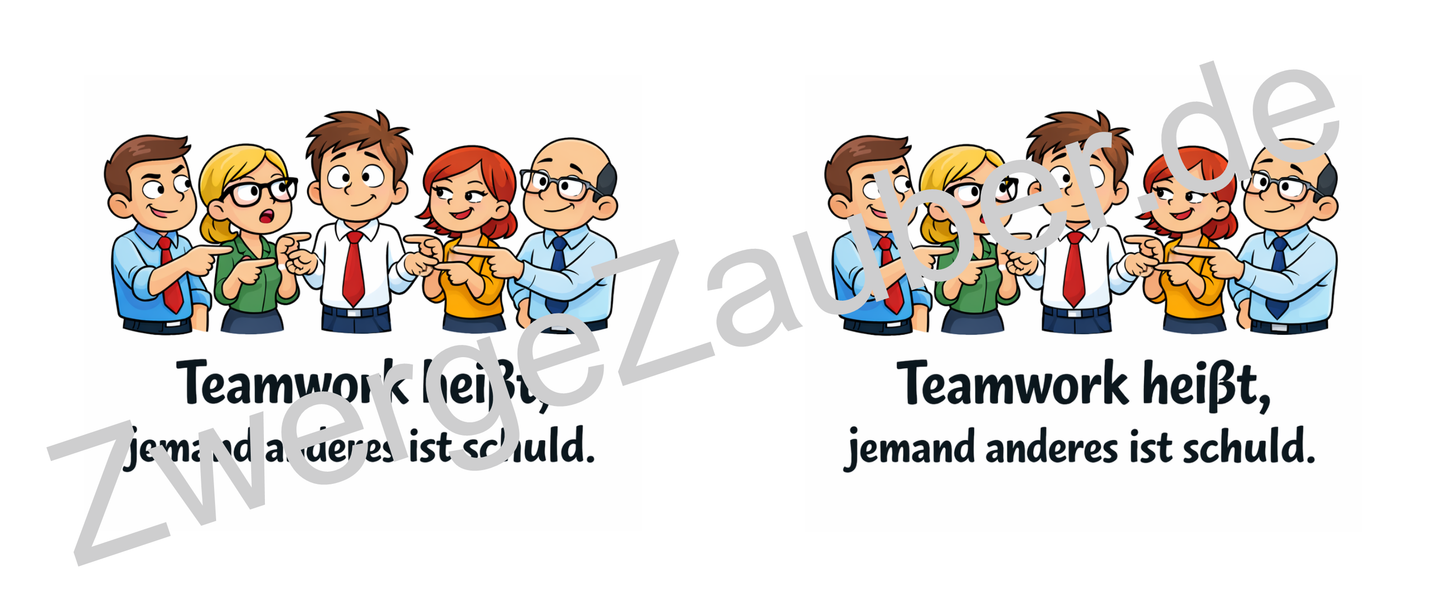 Lustige Bürotasse mit Spruch „Teamwork heißt, jemand anderes ist schuld“ | Geschenk für Kollegen & Arbeit